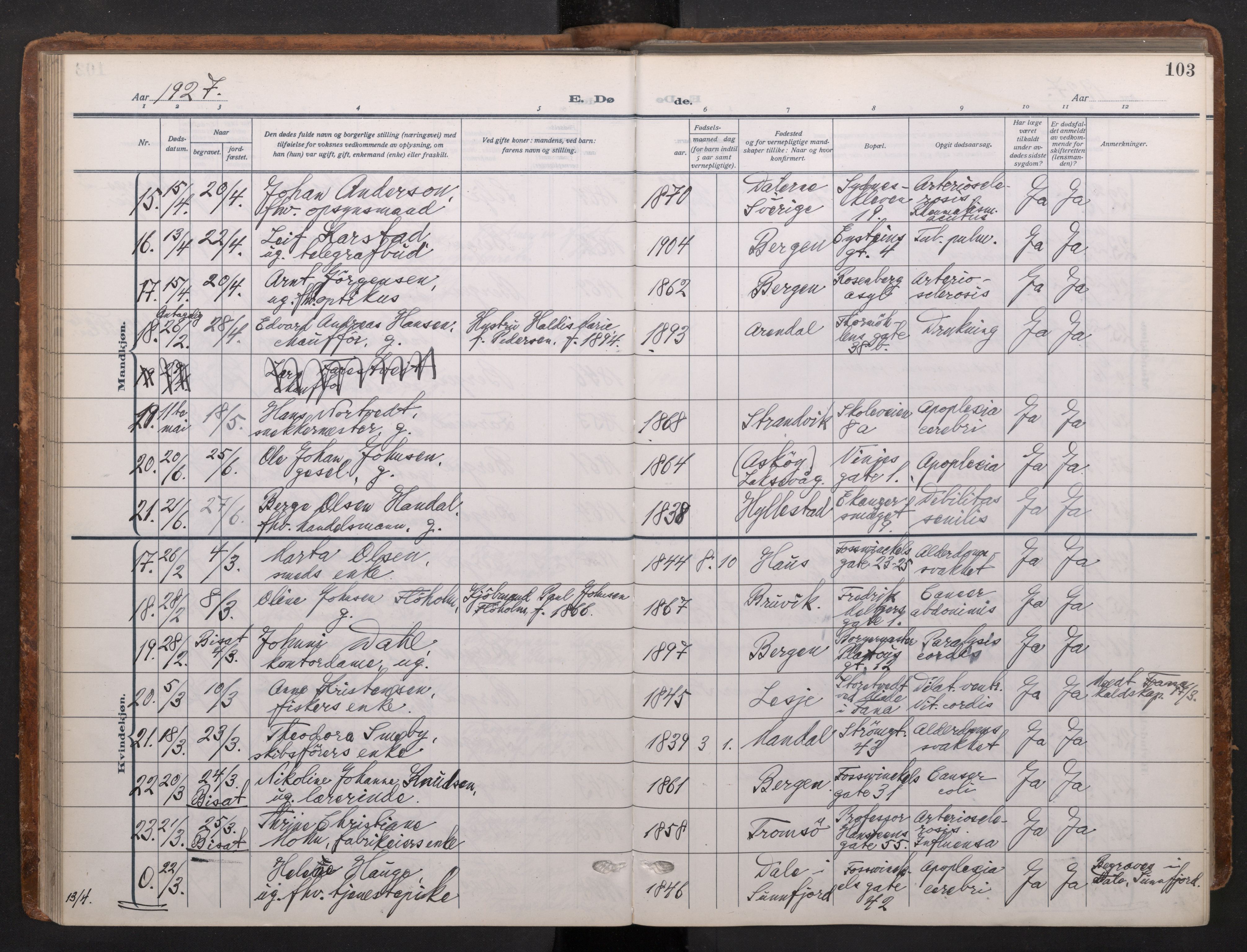 Johanneskirken sokneprestembete, AV/SAB-A-76001/H/Haa/L0020: Parish register (official) no. E 2, 1916-1951, p. 103