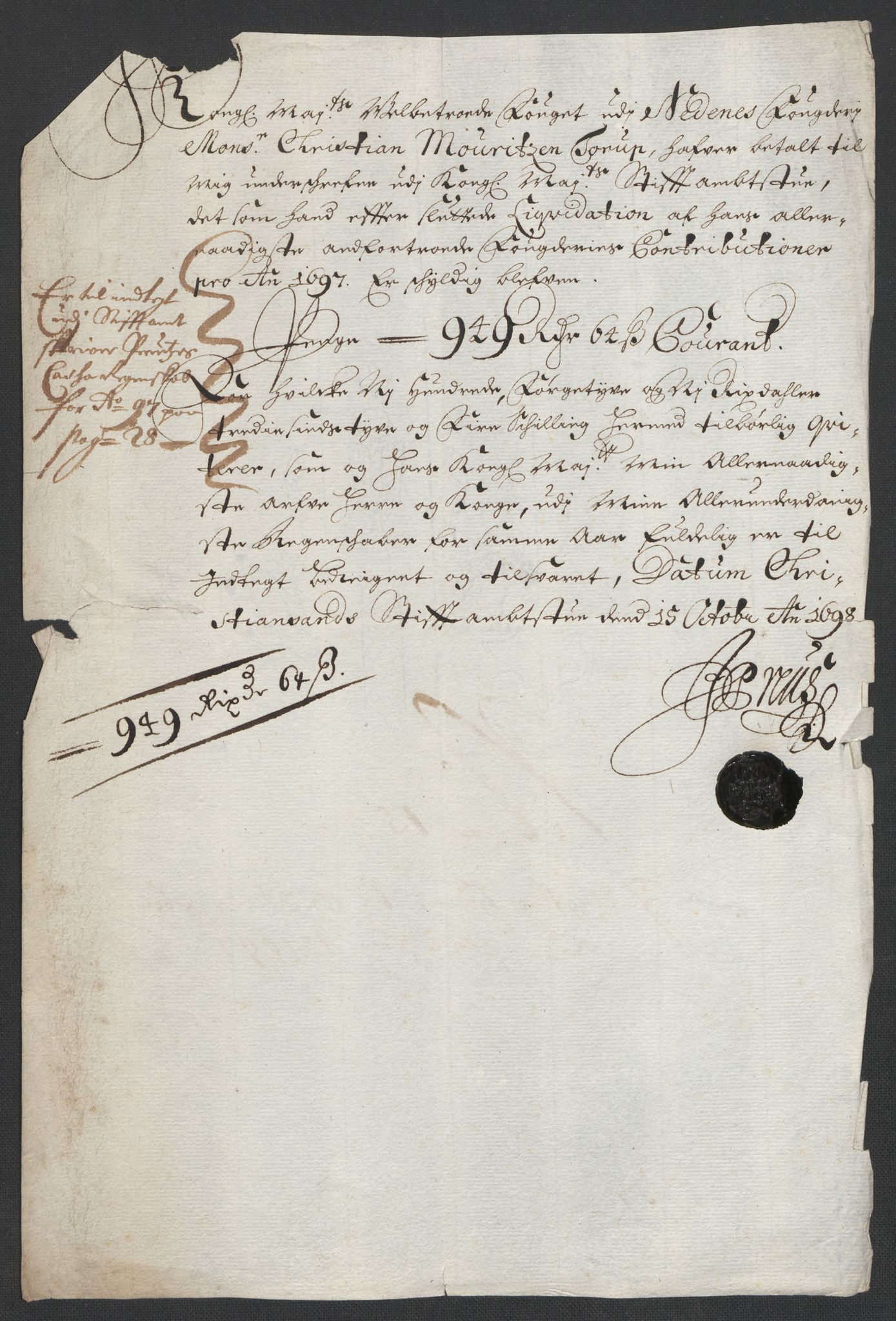 Rentekammeret inntil 1814, Reviderte regnskaper, Fogderegnskap, AV/RA-EA-4092/R39/L2313: Fogderegnskap Nedenes, 1696-1697, p. 206