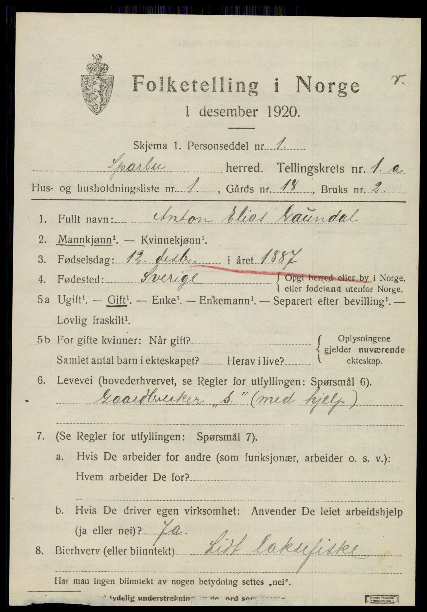 SAT, 1920 census for Sparbu, 1920, p. 1003