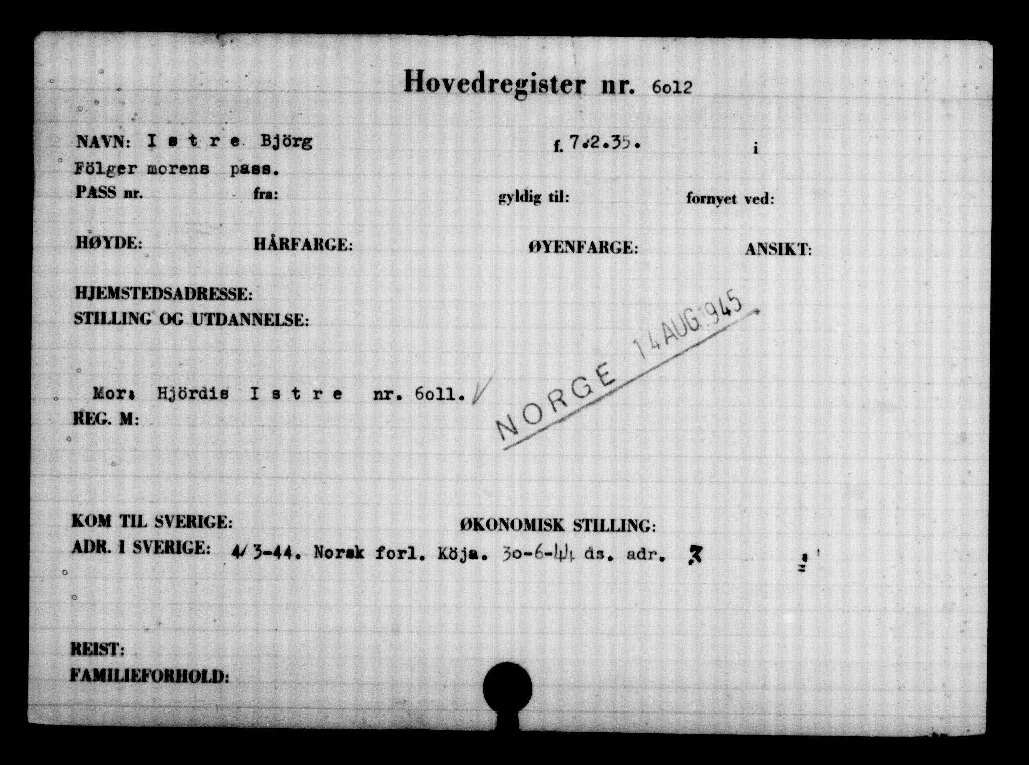 Utenriksstasjonene, Legasjonen i Stockholm, Flyktningkontoret, AV/RA-S-6753/V/Va/L0004: Kjesäterkartoteket, flyktninger med registreringsnr. 3496-6610, 1940-1945, p. 2943