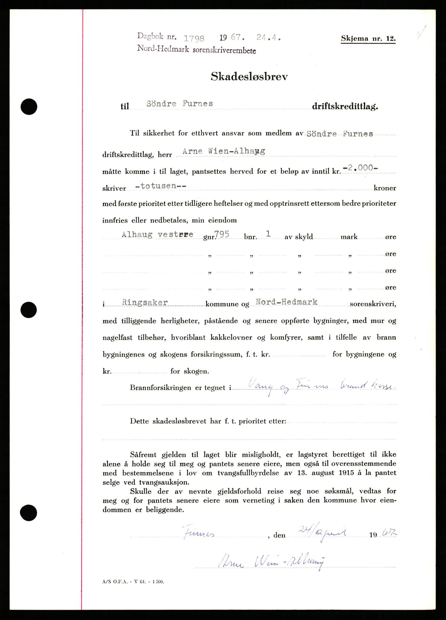 Nord-Hedmark sorenskriveri, SAH/TING-012/H/Hb/Hbf/L0071: Mortgage book no. B71, 1967-1967, Diary no: : 1798/1967