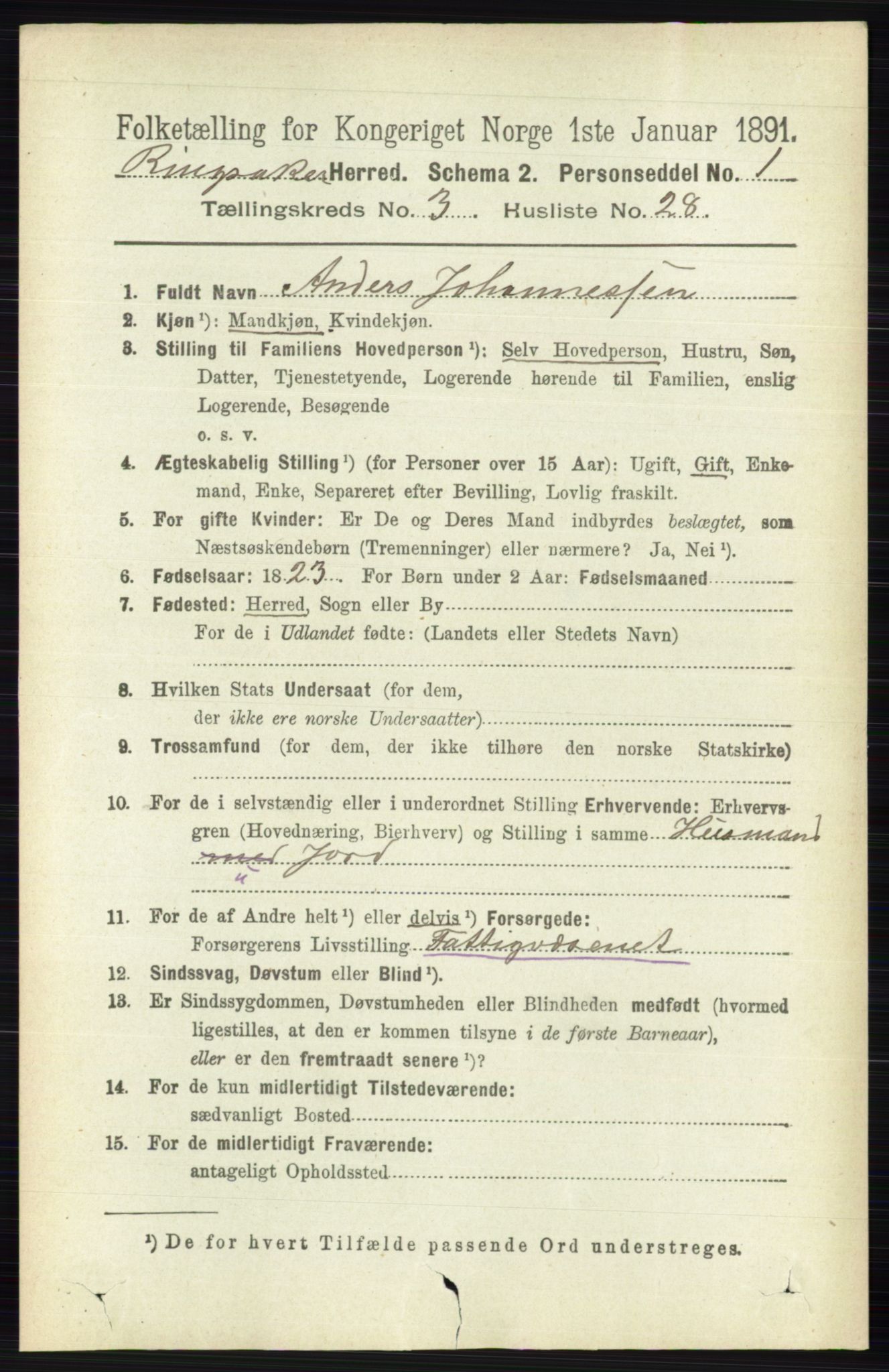 RA, 1891 census for 0412 Ringsaker, 1891, p. 1398