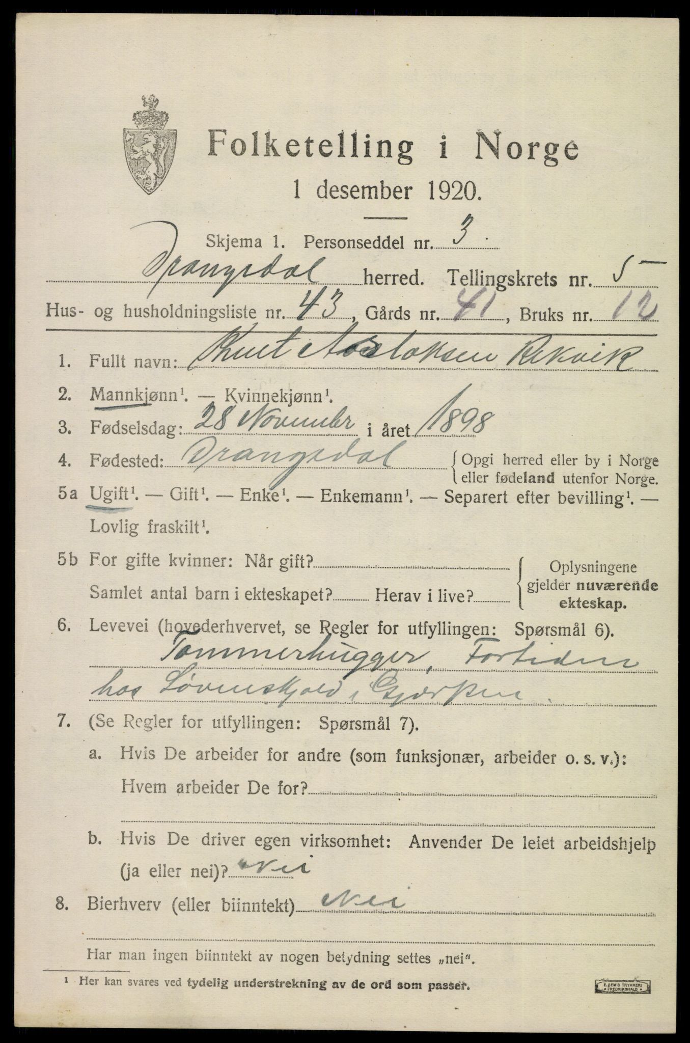 SAKO, 1920 census for Drangedal, 1920, p. 4223