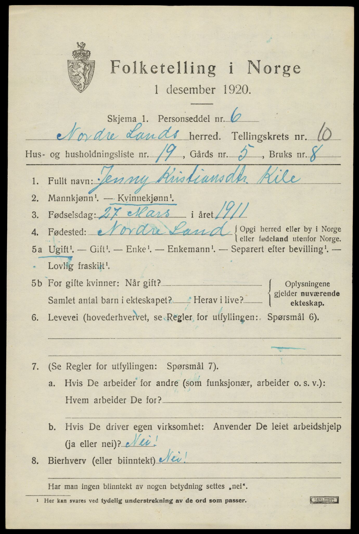 SAH, 1920 census for Nordre Land, 1920, p. 5448