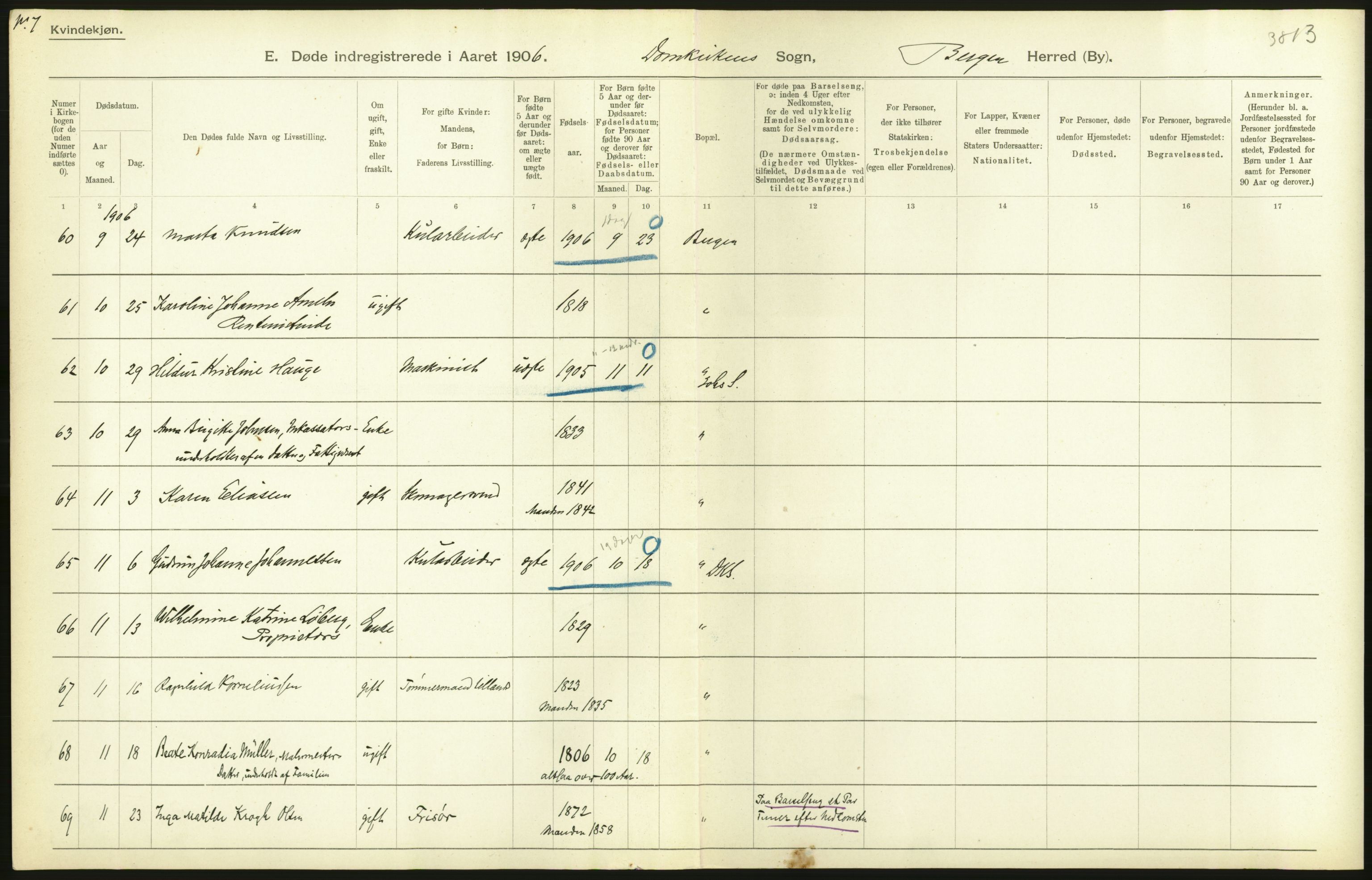 Statistisk sentralbyrå, Sosiodemografiske emner, Befolkning, RA/S-2228/D/Df/Dfa/Dfad/L0032: Bergen: Gifte, døde, dødfødte., 1906, p. 120