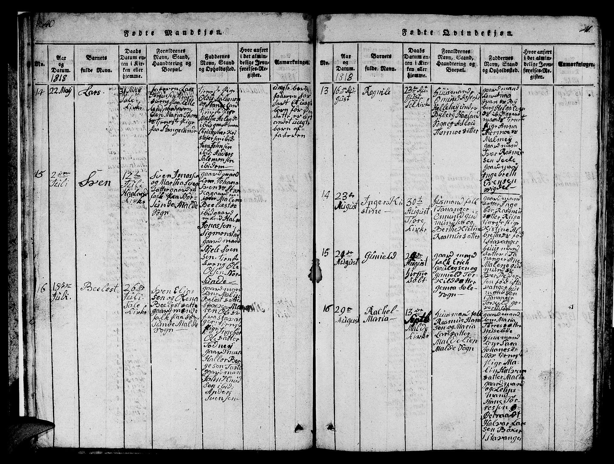 Håland sokneprestkontor, AV/SAST-A-101802/001/30BB/L0001: Parish register (copy) no. B 1, 1815-1845, p. 40-41