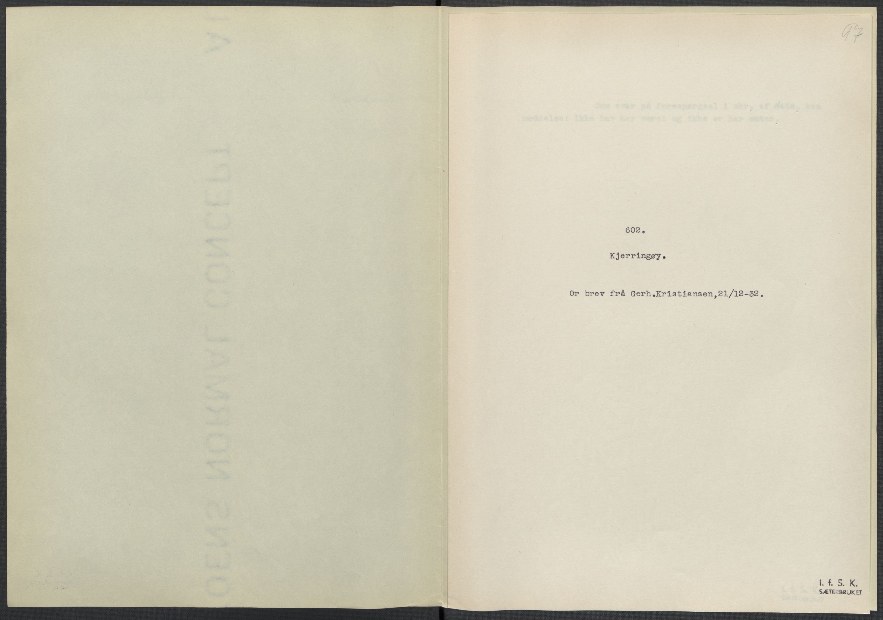 Instituttet for sammenlignende kulturforskning, RA/PA-0424/F/Fc/L0016/0002: Eske B16: / Nordland (perm XLVII), 1932-1936, p. 97