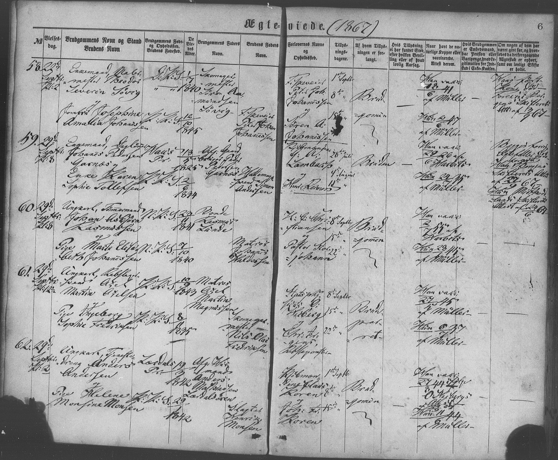 Korskirken sokneprestembete, SAB/A-76101/H/Haa/L0036: Parish register (official) no. D 3, 1867-1882, p. 6