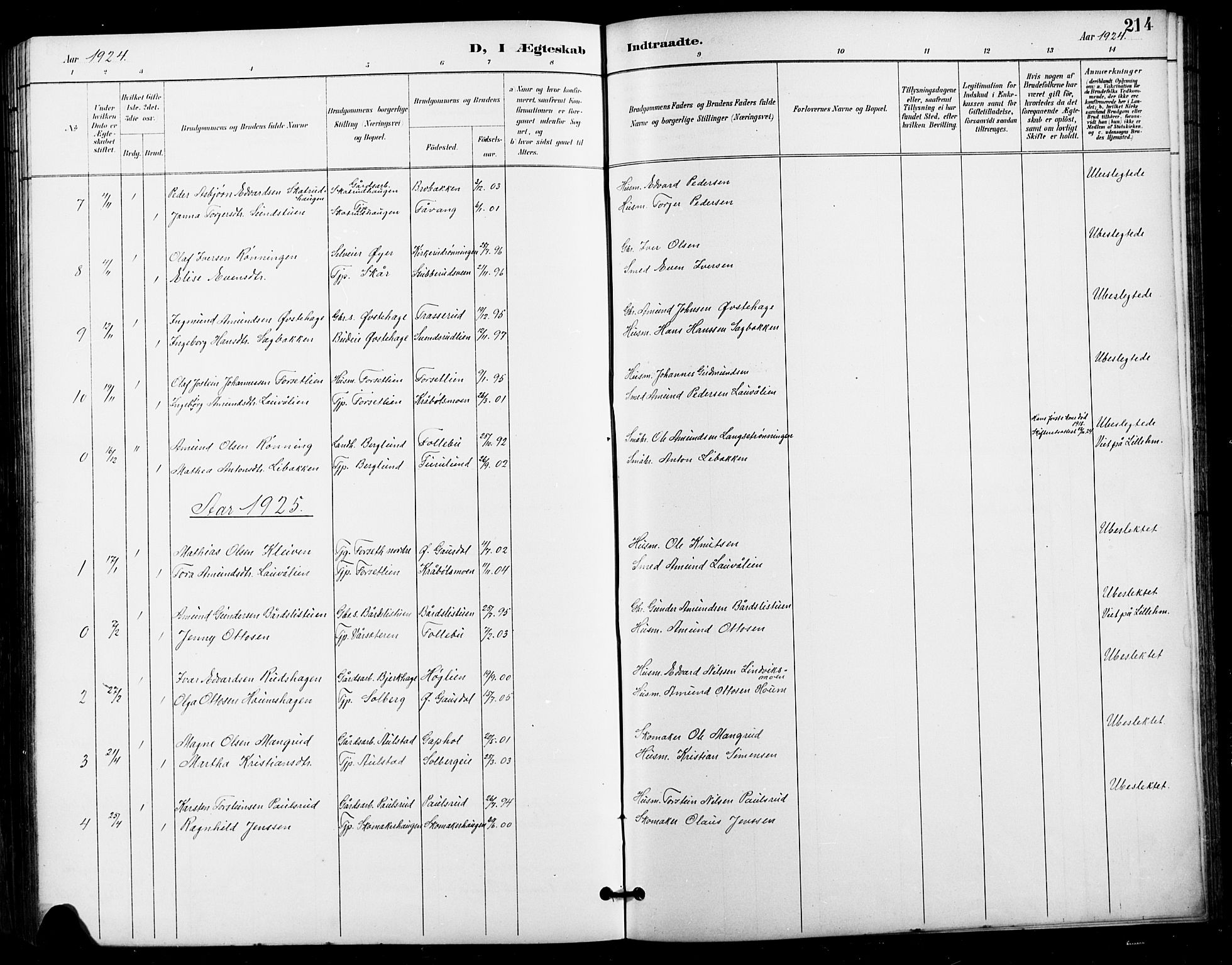 Vestre Gausdal prestekontor, SAH/PREST-094/H/Ha/Hab/L0003: Parish register (copy) no. 3, 1896-1925, p. 214