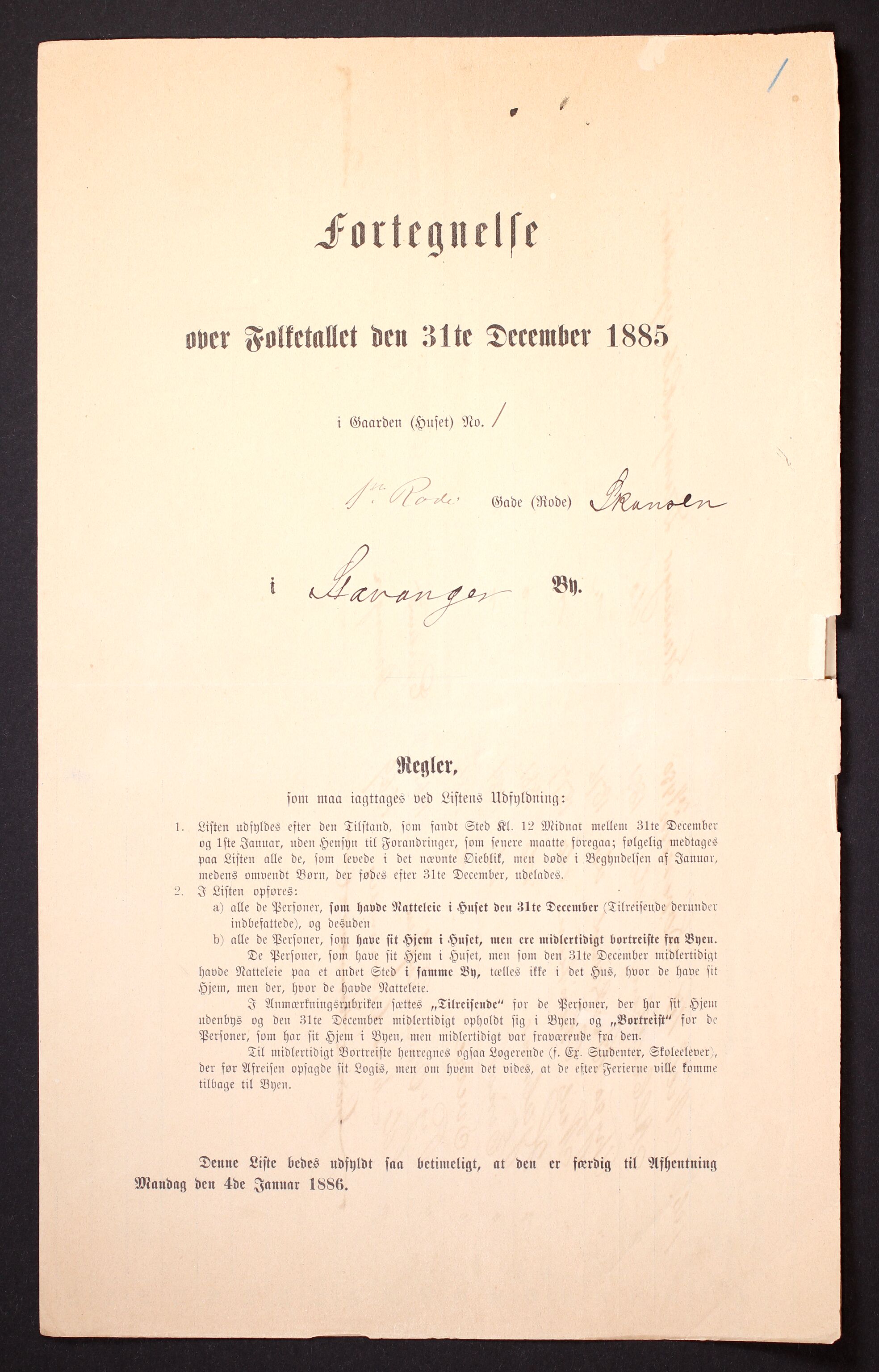 SAST, 1885 census for 1103 Stavanger, 1885