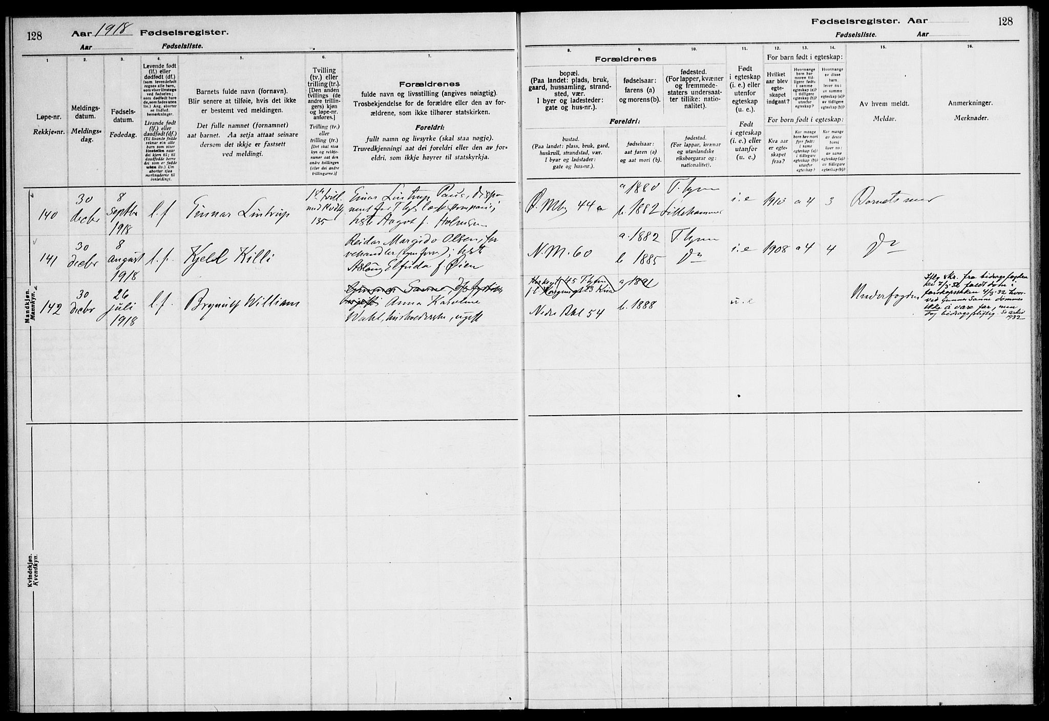 Ministerialprotokoller, klokkerbøker og fødselsregistre - Sør-Trøndelag, SAT/A-1456/604/L0232: Birth register no. 604.II.4.1, 1916-1920, p. 128