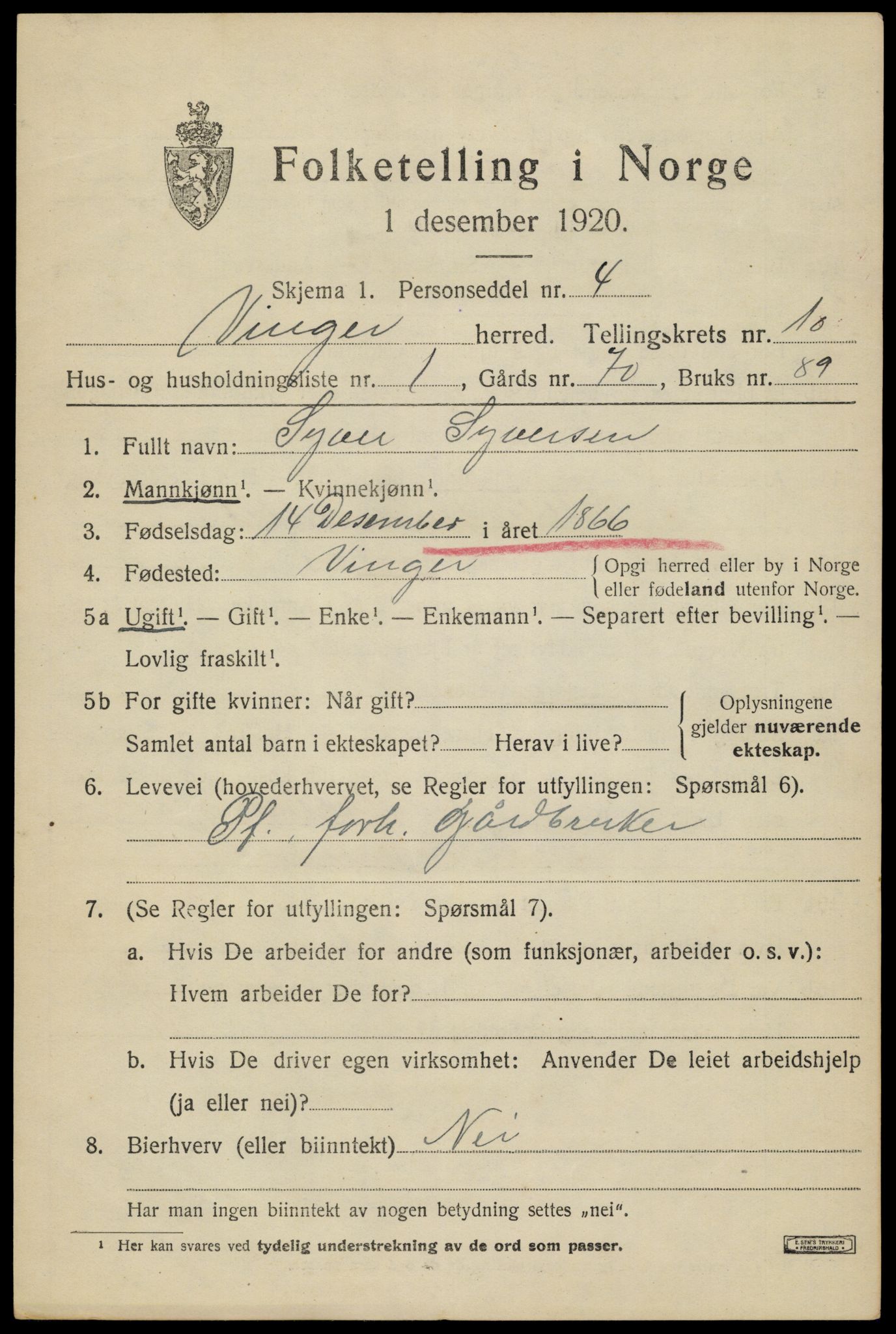 SAH, 1920 census for Vinger, 1920, p. 8514