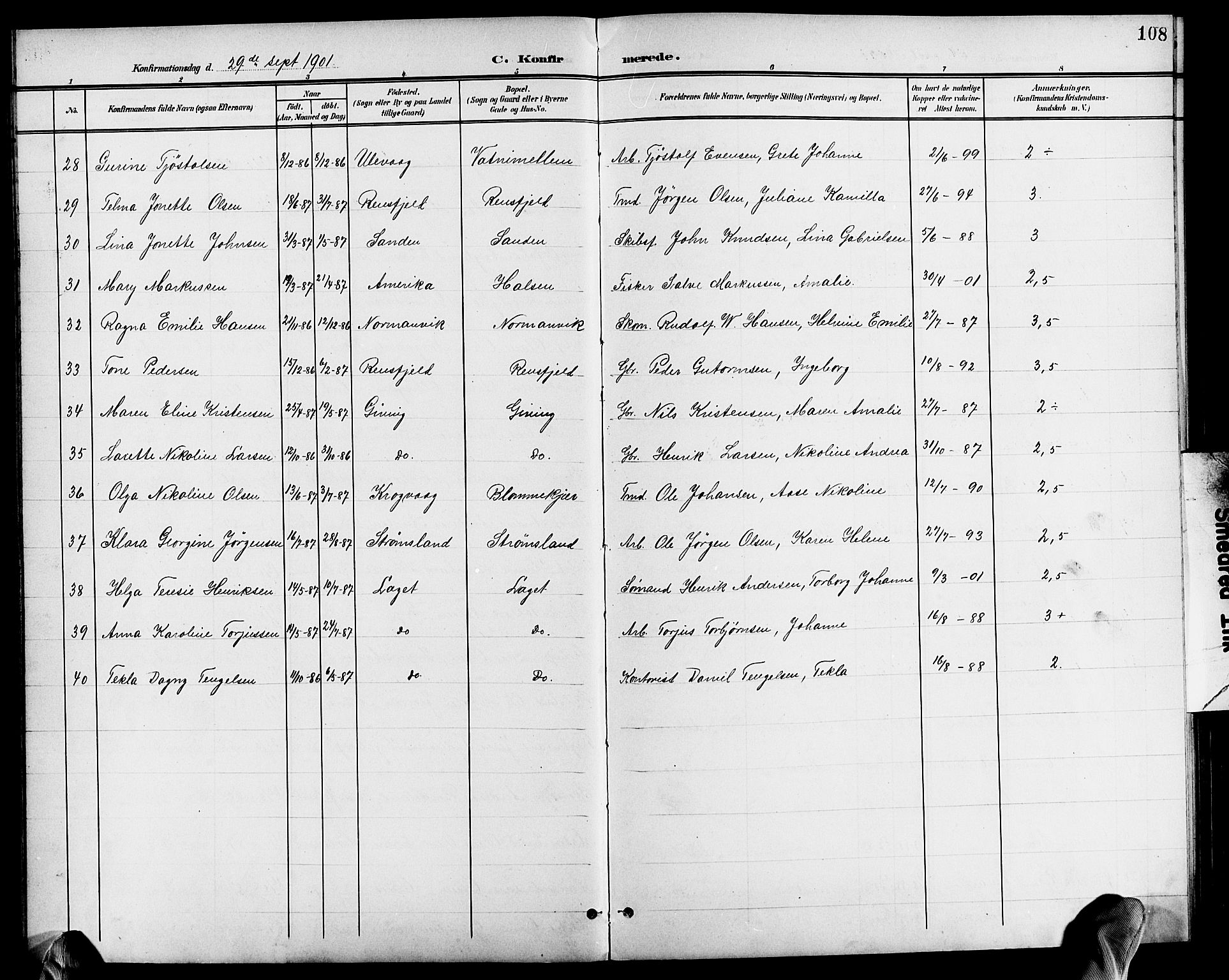 Dypvåg sokneprestkontor, SAK/1111-0007/F/Fb/Fba/L0014: Parish register (copy) no. B 14, 1901-1922, p. 108