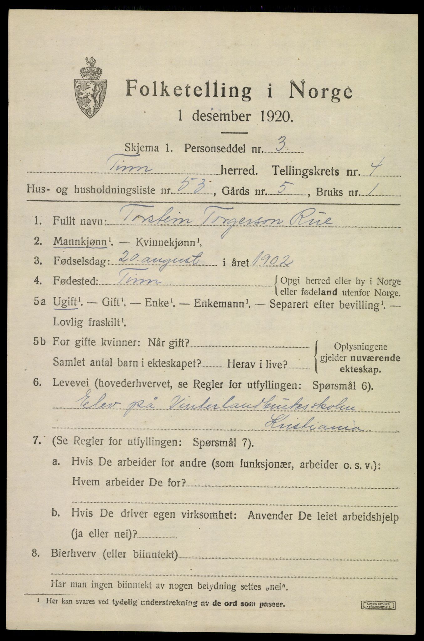 SAKO, 1920 census for Tinn, 1920, p. 4340