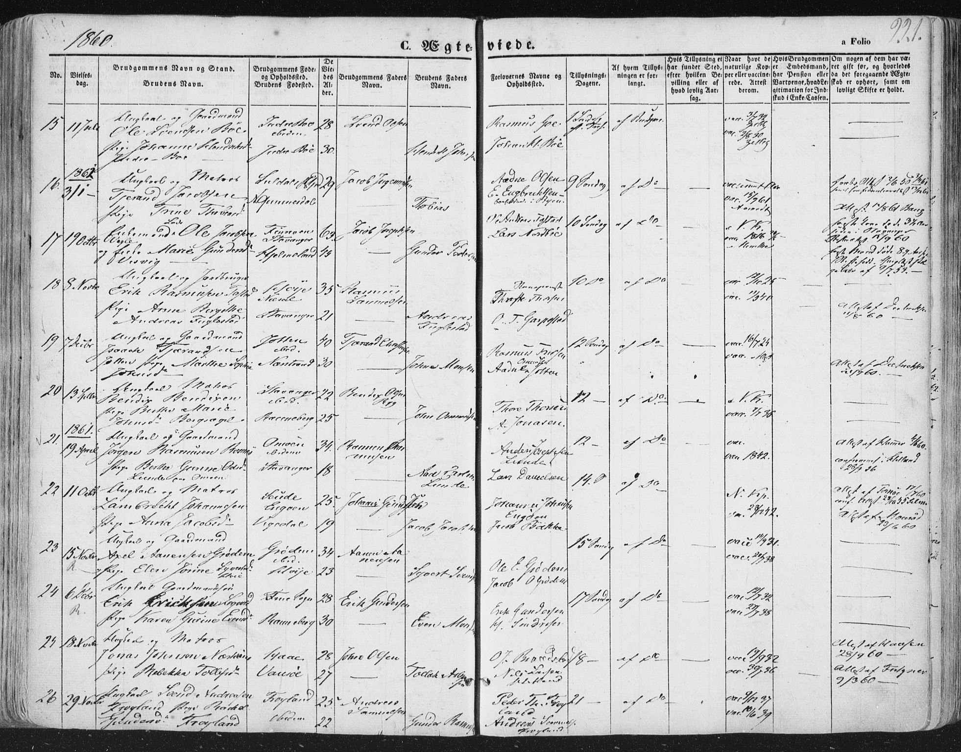 Hetland sokneprestkontor, AV/SAST-A-101826/30/30BA/L0002: Parish register (official) no. A 2, 1849-1869, p. 221