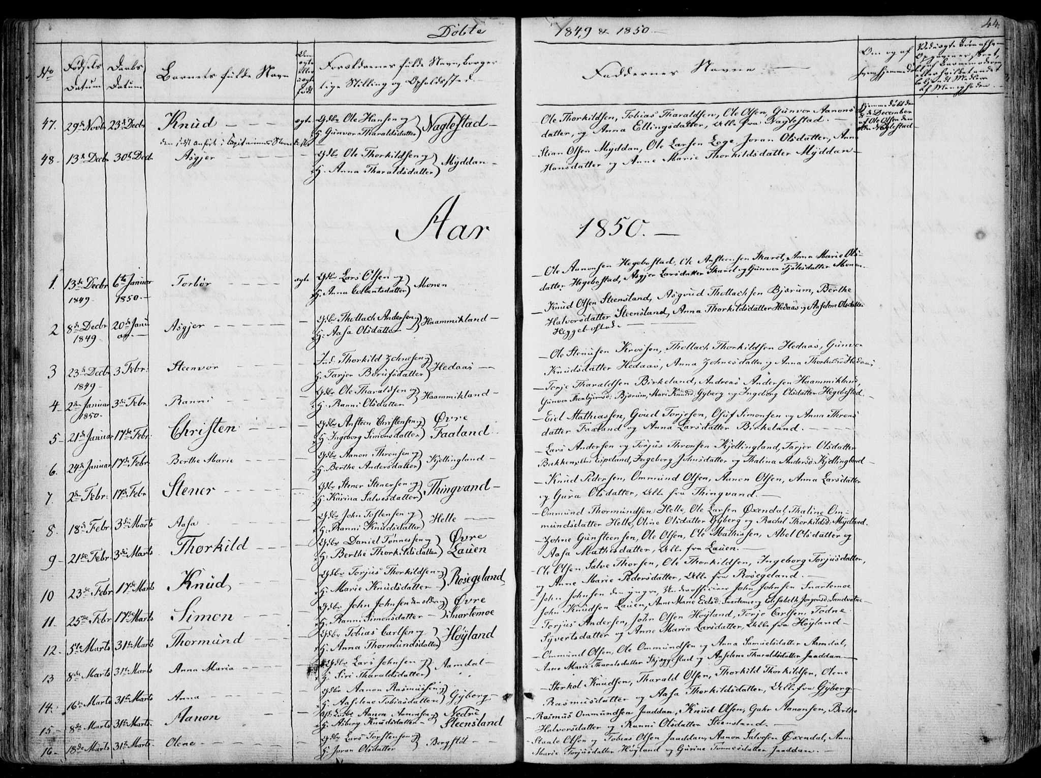 Hægebostad sokneprestkontor, AV/SAK-1111-0024/F/Fa/Faa/L0004: Parish register (official) no. A 4, 1834-1864, p. 44