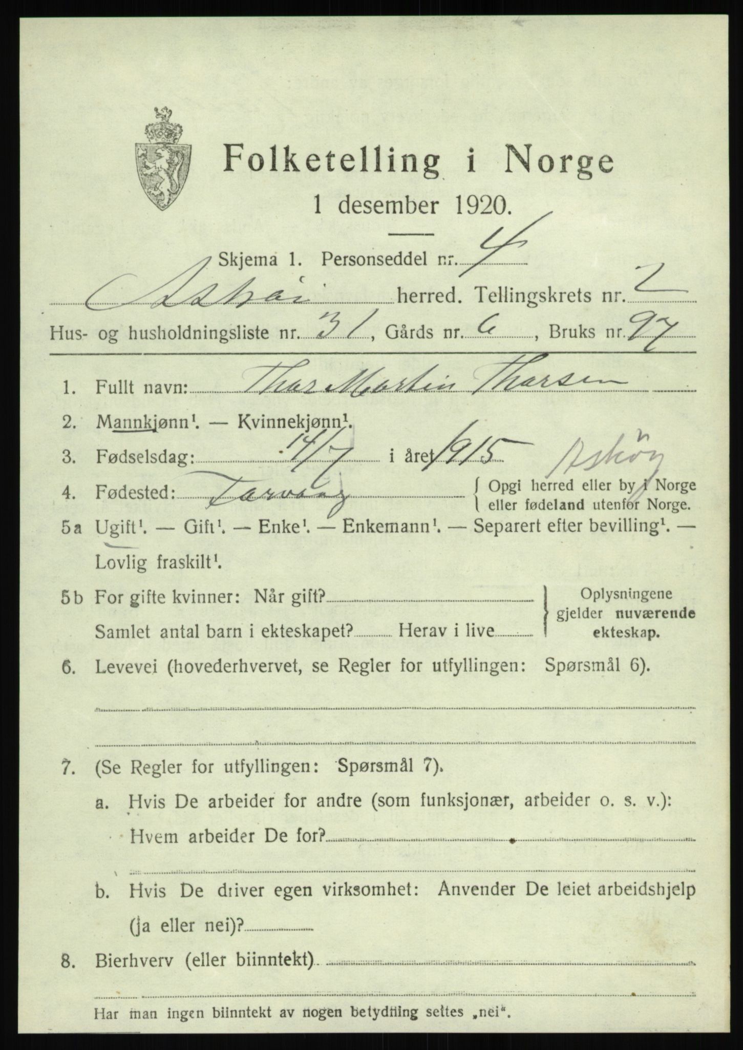 SAB, 1920 census for Askøy, 1920, p. 4950
