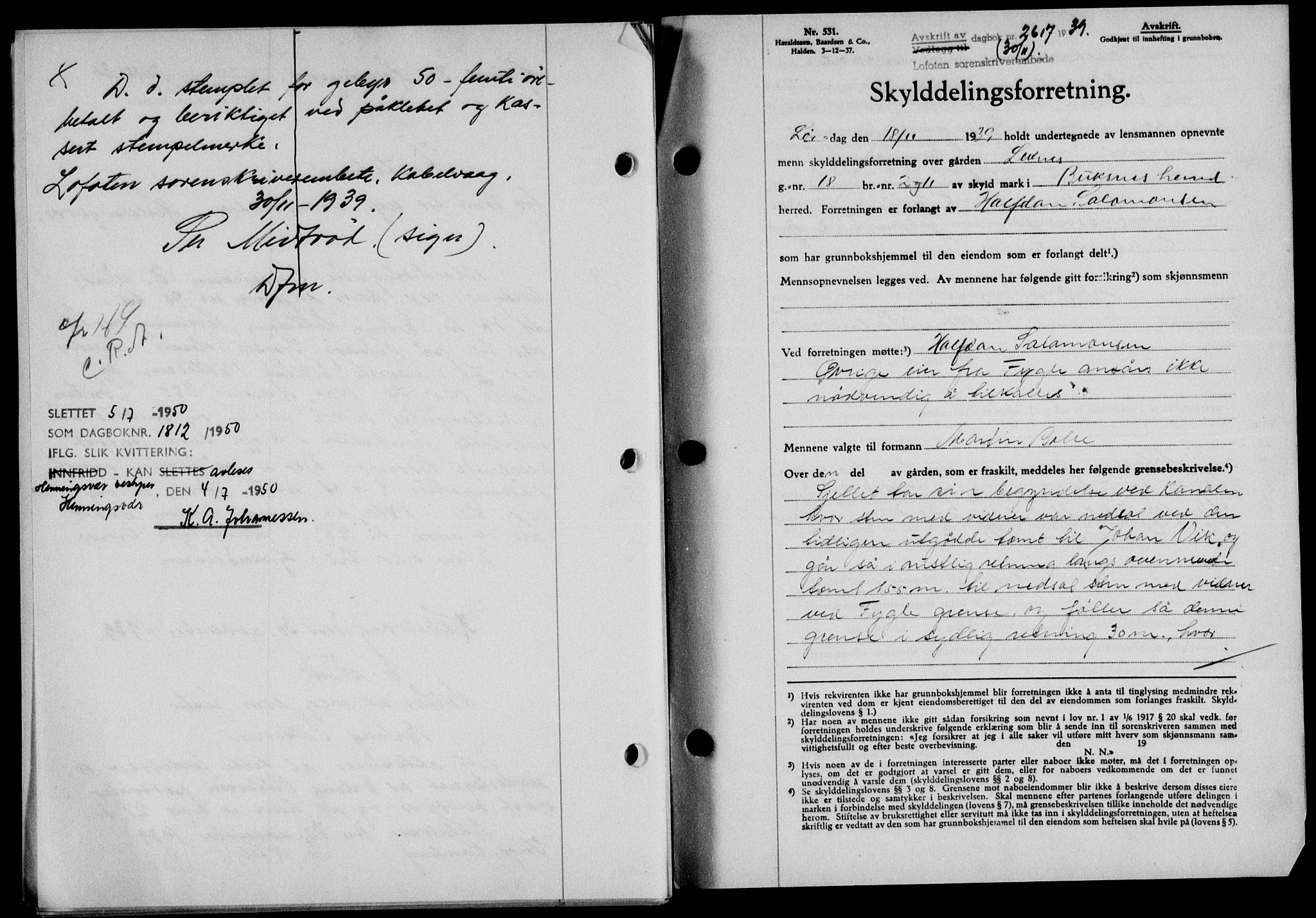 Lofoten sorenskriveri, SAT/A-0017/1/2/2C/L0006a: Mortgage book no. 6a, 1939-1939, Diary no: : 2617/1939