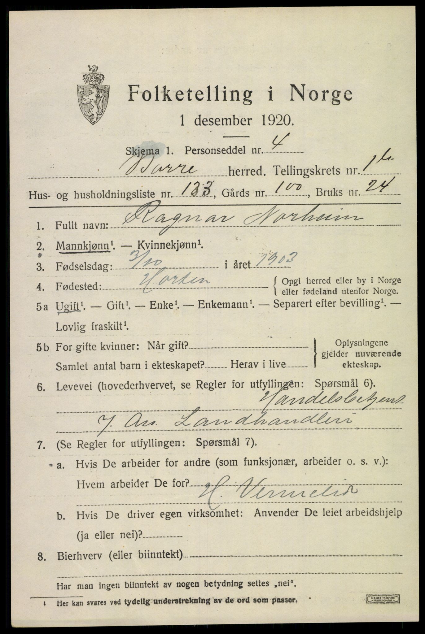 SAKO, 1920 census for Borre, 1920, p. 3966