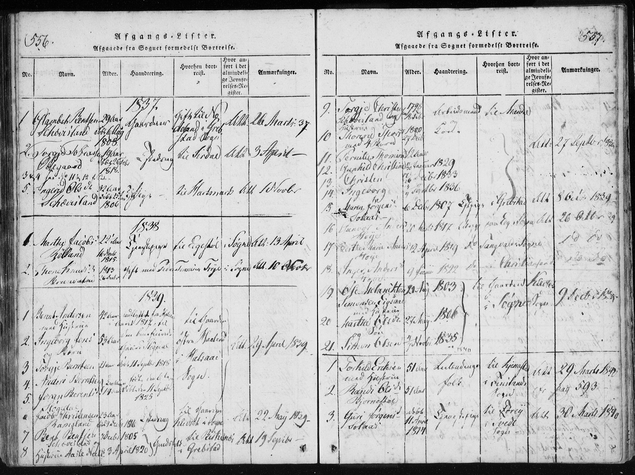 Holum sokneprestkontor, SAK/1111-0022/F/Fa/Fac/L0002: Parish register (official) no. A 2, 1821-1859, p. 556-557
