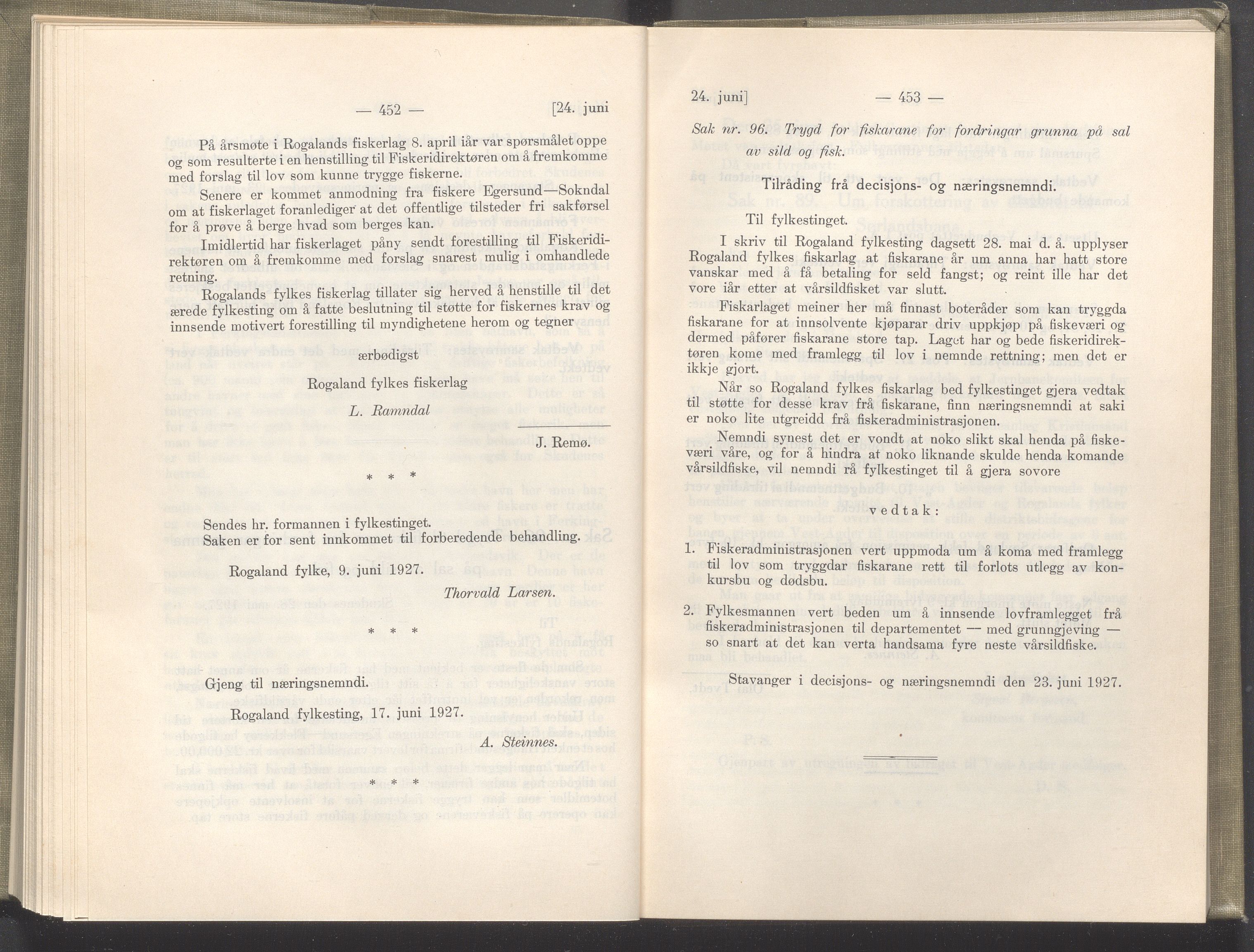 Rogaland fylkeskommune - Fylkesrådmannen , IKAR/A-900/A/Aa/Aaa/L0046: Møtebok , 1927, p. 452-453