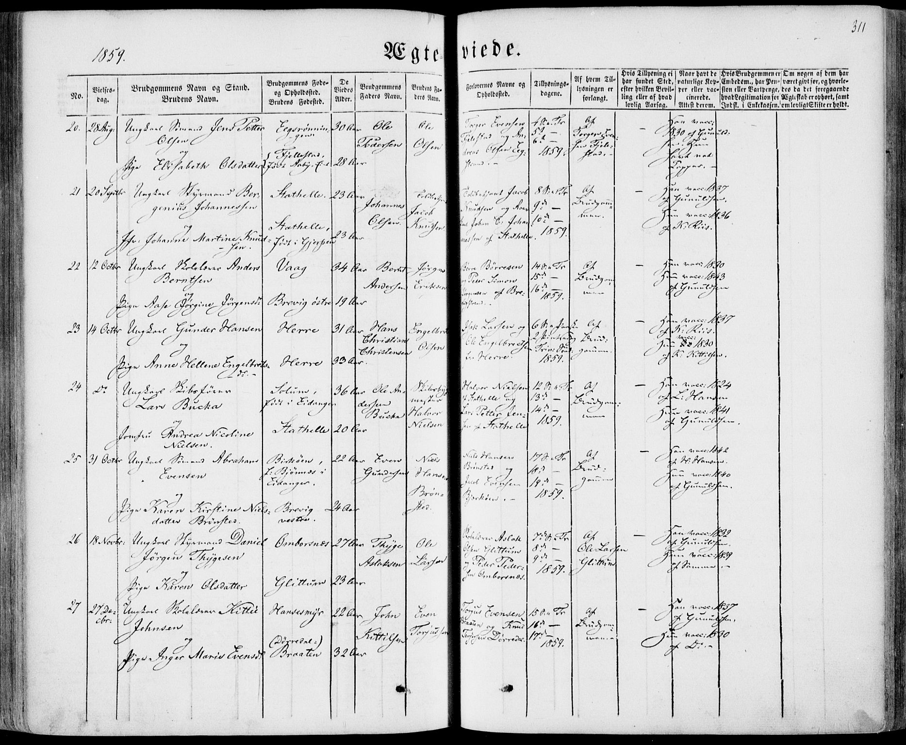 Bamble kirkebøker, AV/SAKO-A-253/F/Fa/L0005: Parish register (official) no. I 5, 1854-1869, p. 311