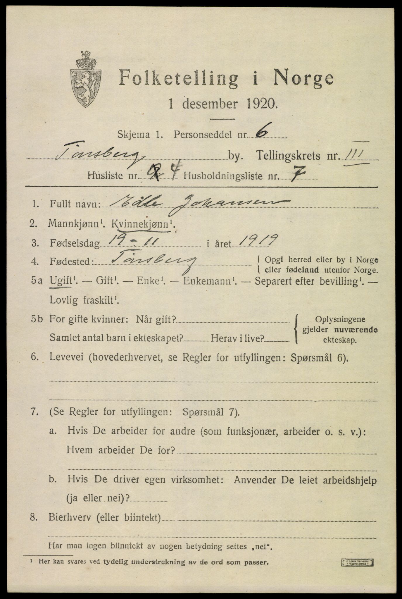 SAKO, 1920 census for Tønsberg, 1920, p. 11033