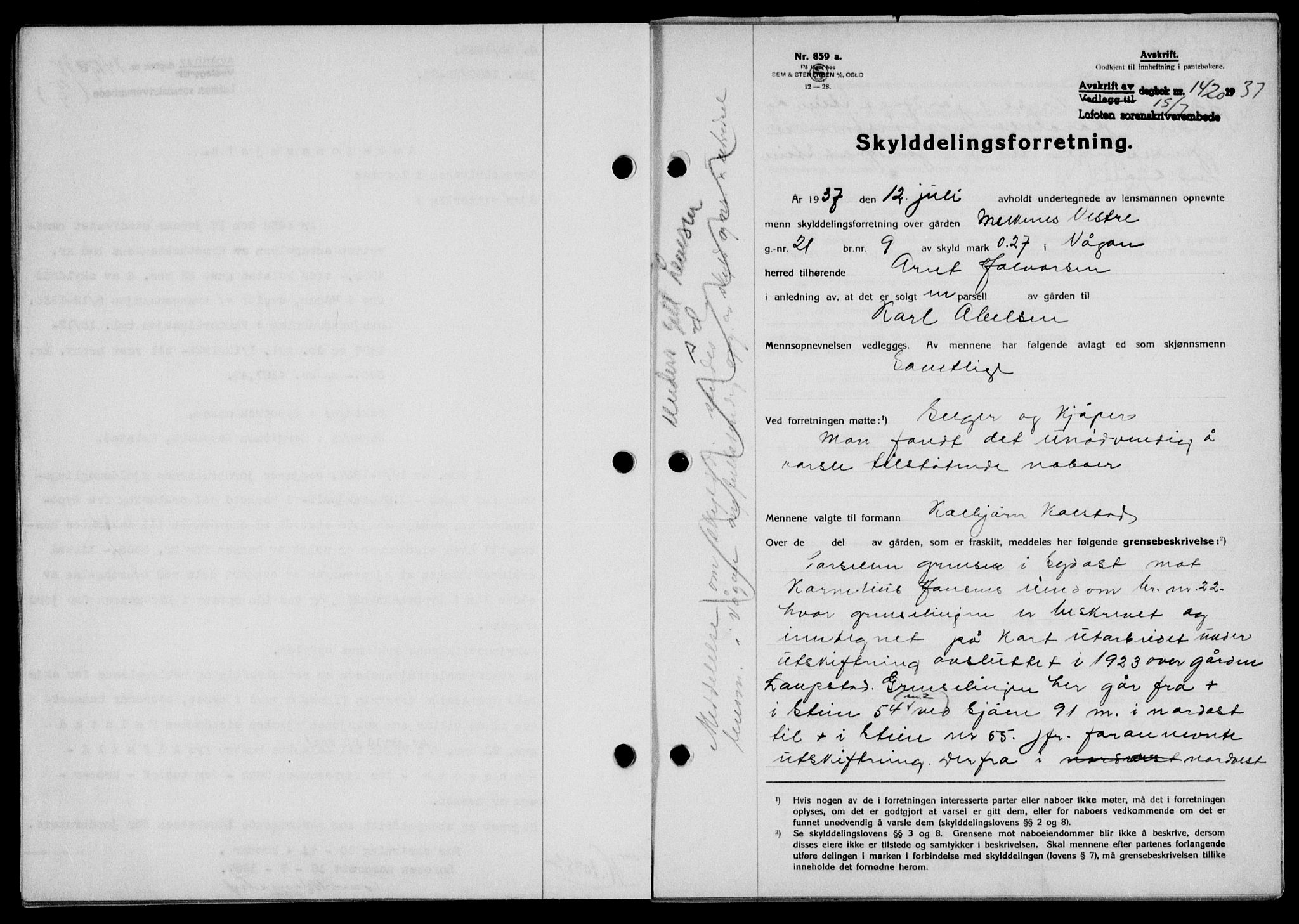 Lofoten sorenskriveri, SAT/A-0017/1/2/2C/L0002a: Mortgage book no. 2a, 1937-1937, Diary no: : 1420/1937