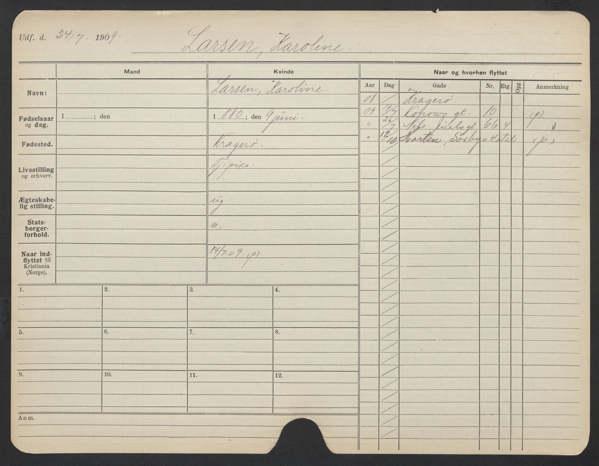 Oslo folkeregister, Registerkort, AV/SAO-A-11715/F/Fa/Fac/L0019: Kvinner, 1906-1914, p. 995a