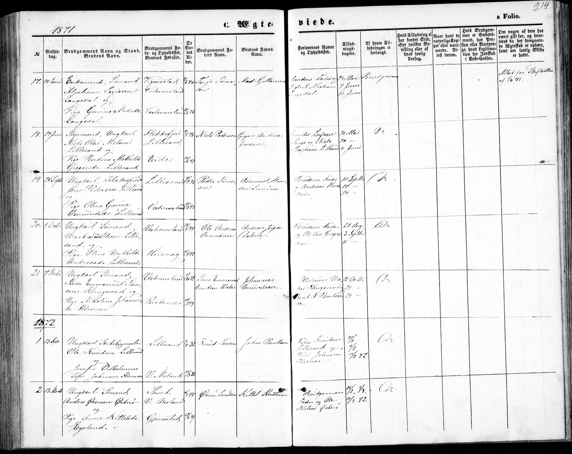 Vestre Moland sokneprestkontor, SAK/1111-0046/F/Fb/Fbb/L0004: Parish register (copy) no. B 4, 1861-1872, p. 214