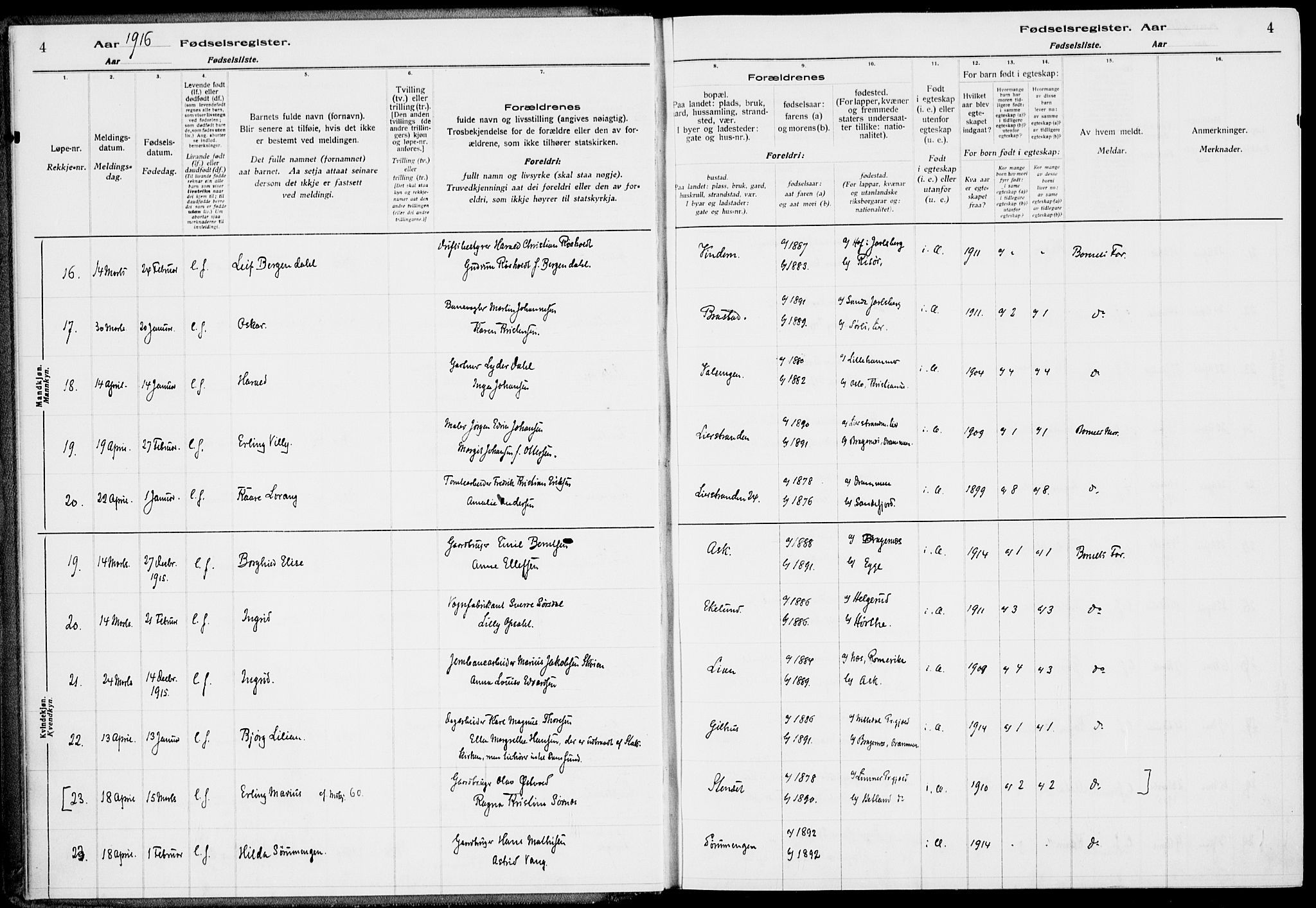 Lier kirkebøker, SAKO/A-230/J/Ja/L0001: Birth register no. 1, 1916-1928, p. 4