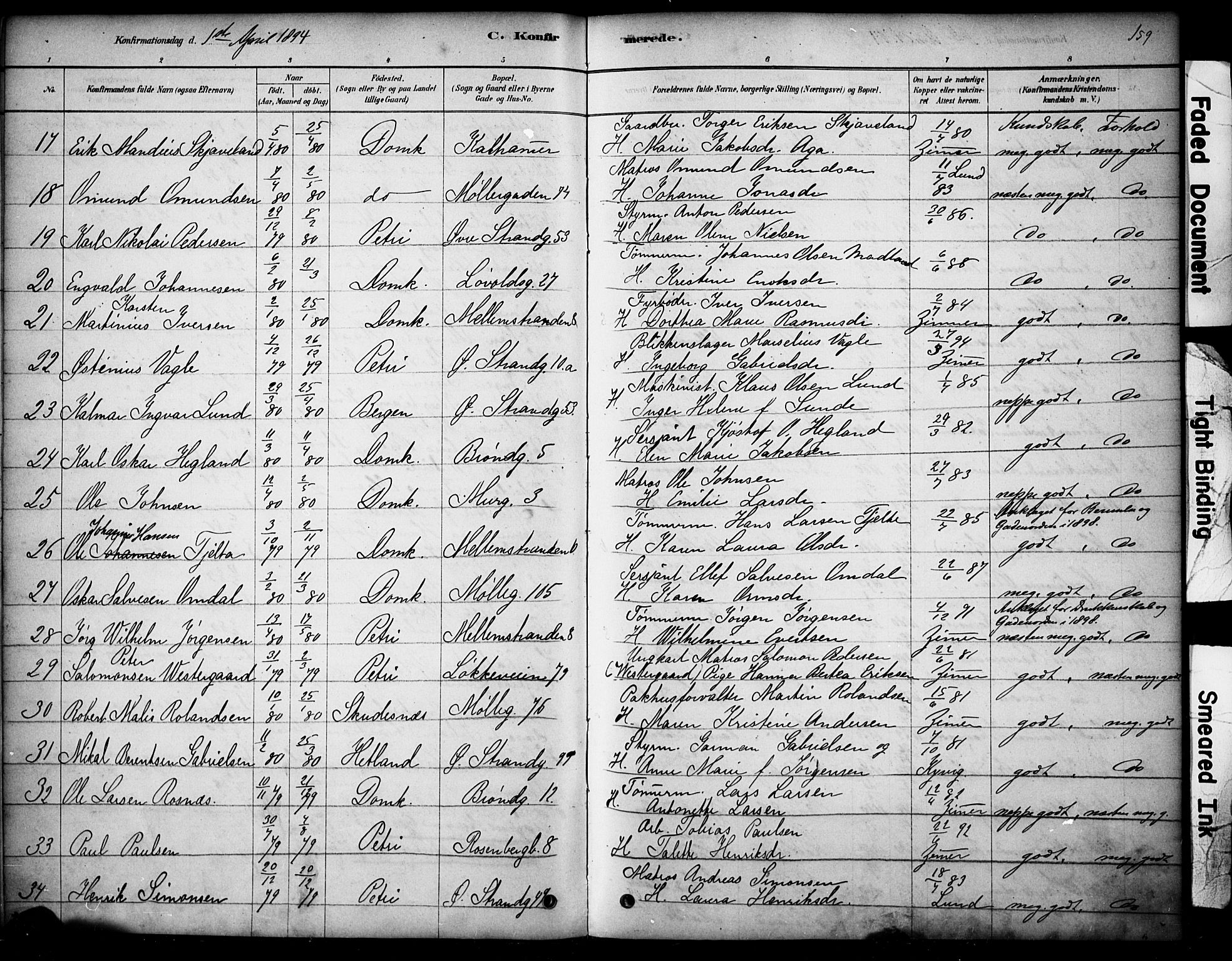 Domkirken sokneprestkontor, AV/SAST-A-101812/001/30/30BA/L0028: Parish register (official) no. A 27, 1878-1896, p. 159