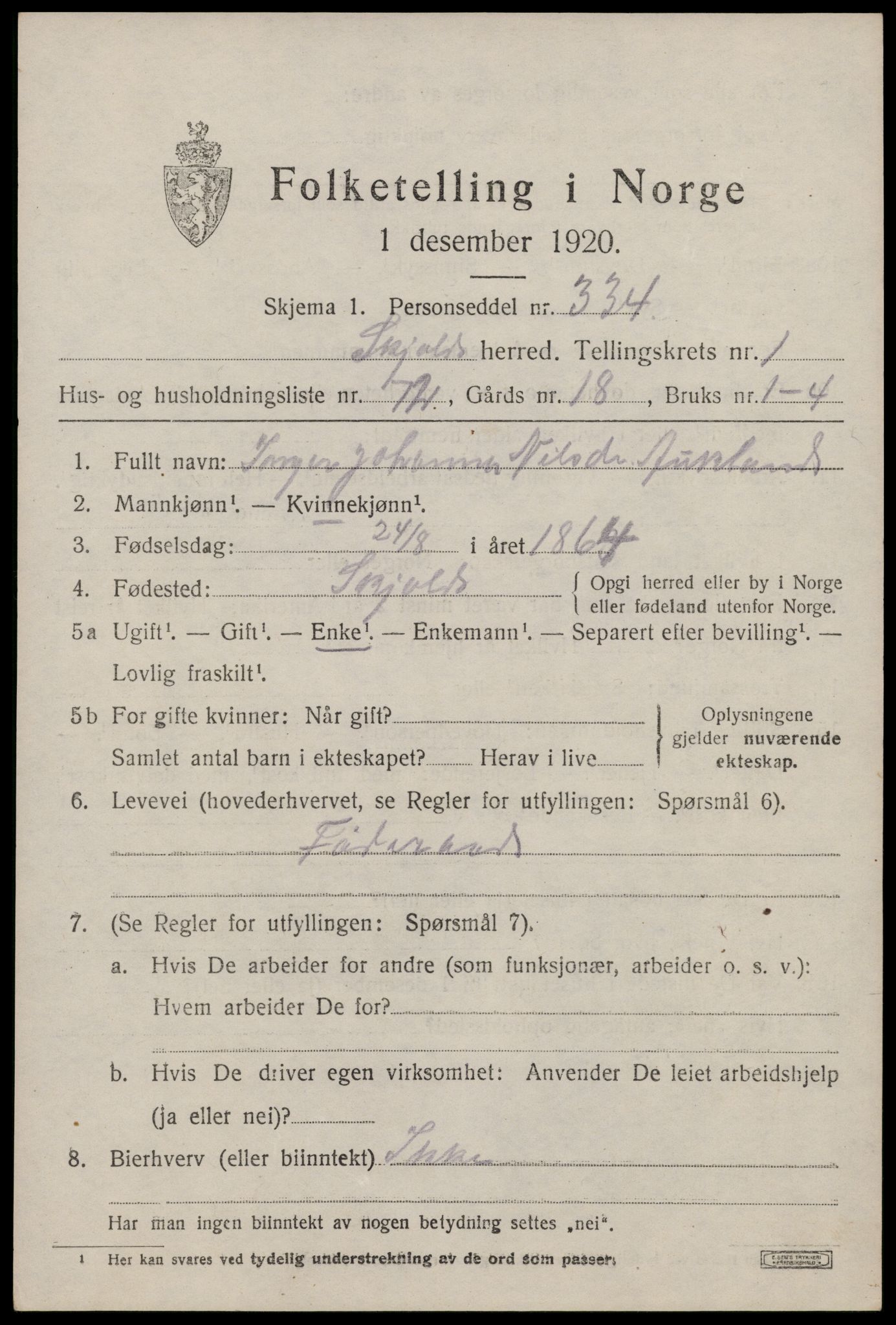 SAST, 1920 census for Skjold, 1920, p. 1580