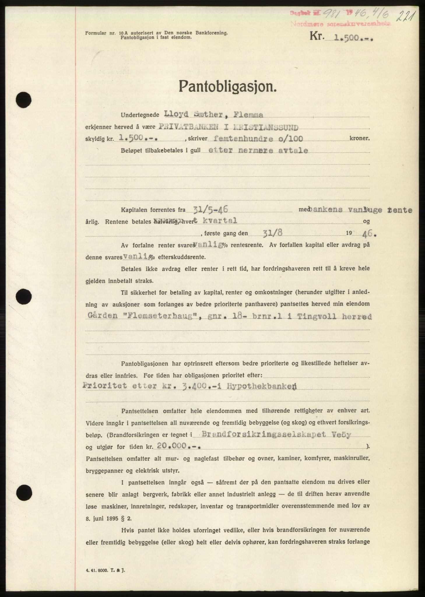 Nordmøre sorenskriveri, AV/SAT-A-4132/1/2/2Ca: Mortgage book no. B94, 1946-1946, Diary no: : 981/1946