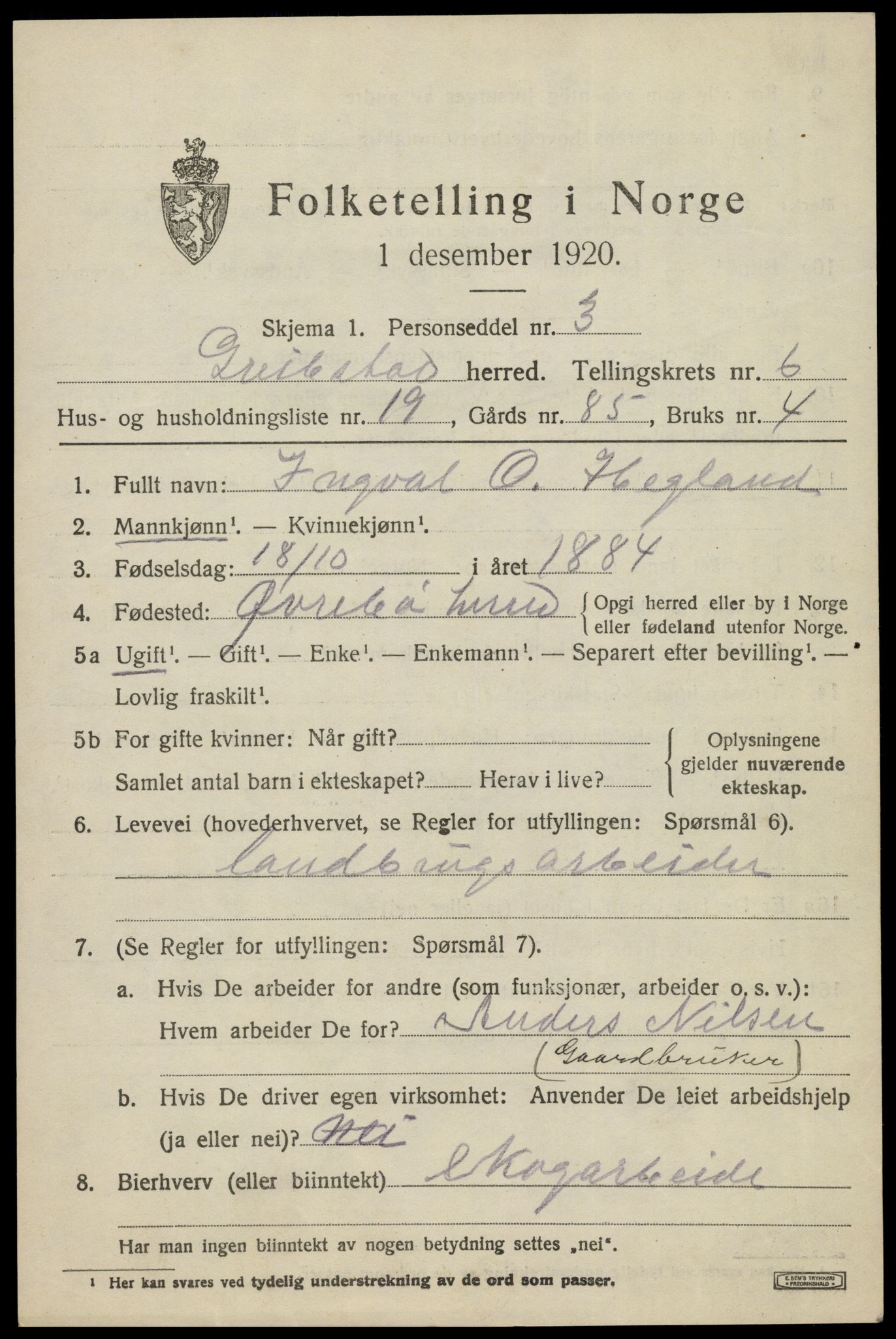 SAK, 1920 census for Greipstad, 1920, p. 2104