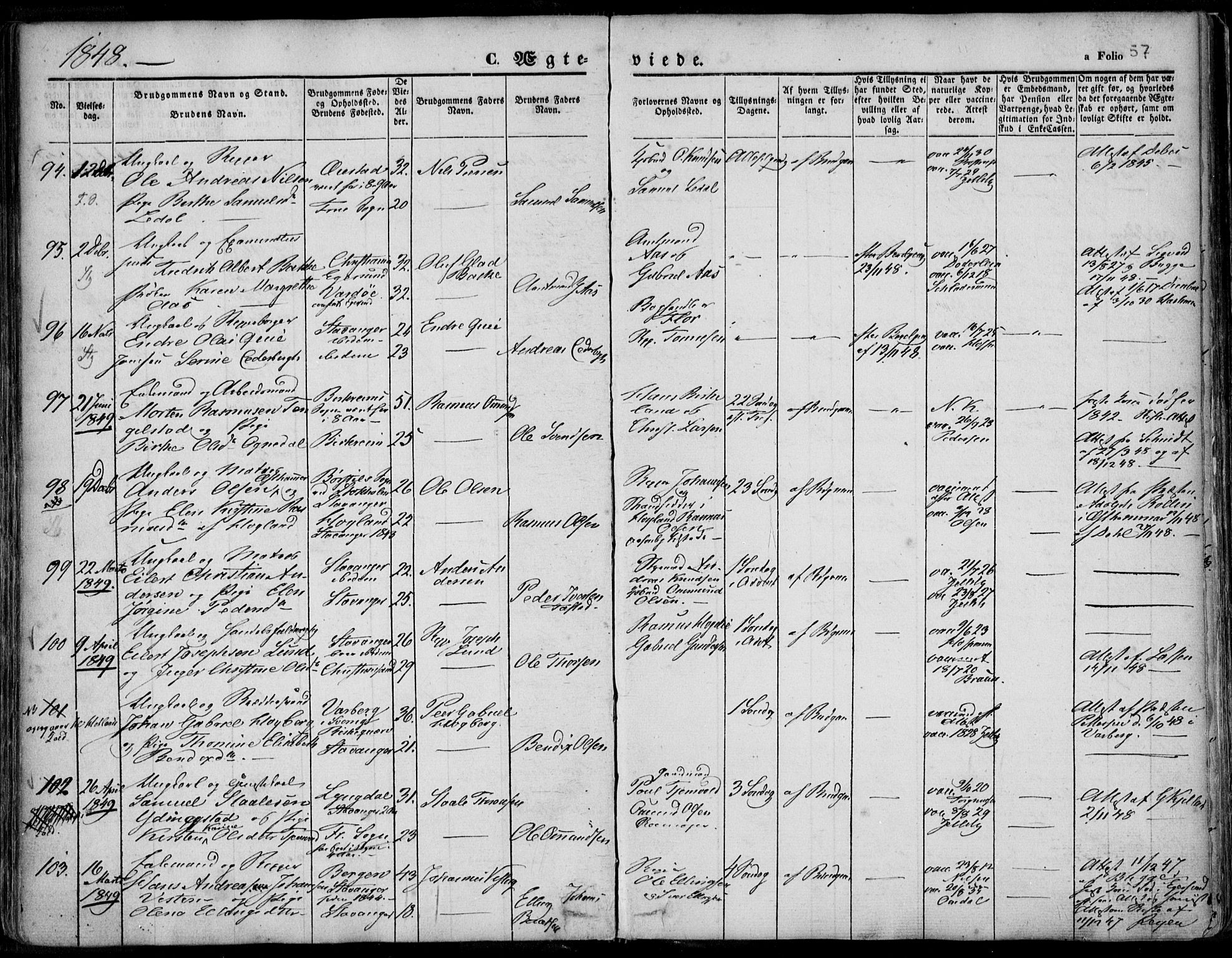 Domkirken sokneprestkontor, AV/SAST-A-101812/001/30/30BA/L0015: Parish register (official) no. A 14, 1842-1857, p. 57