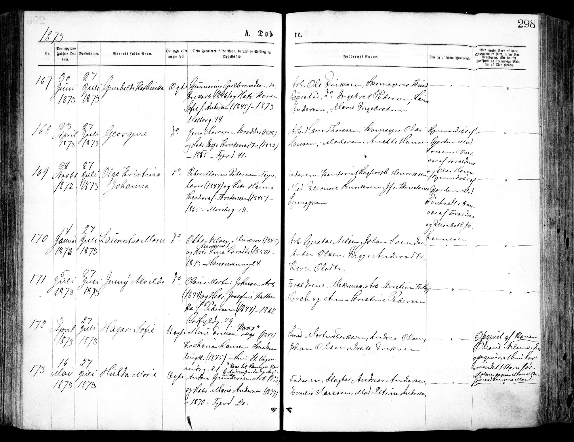 Oslo domkirke Kirkebøker, SAO/A-10752/F/Fa/L0017: Parish register (official) no. 17, 1869-1878, p. 298