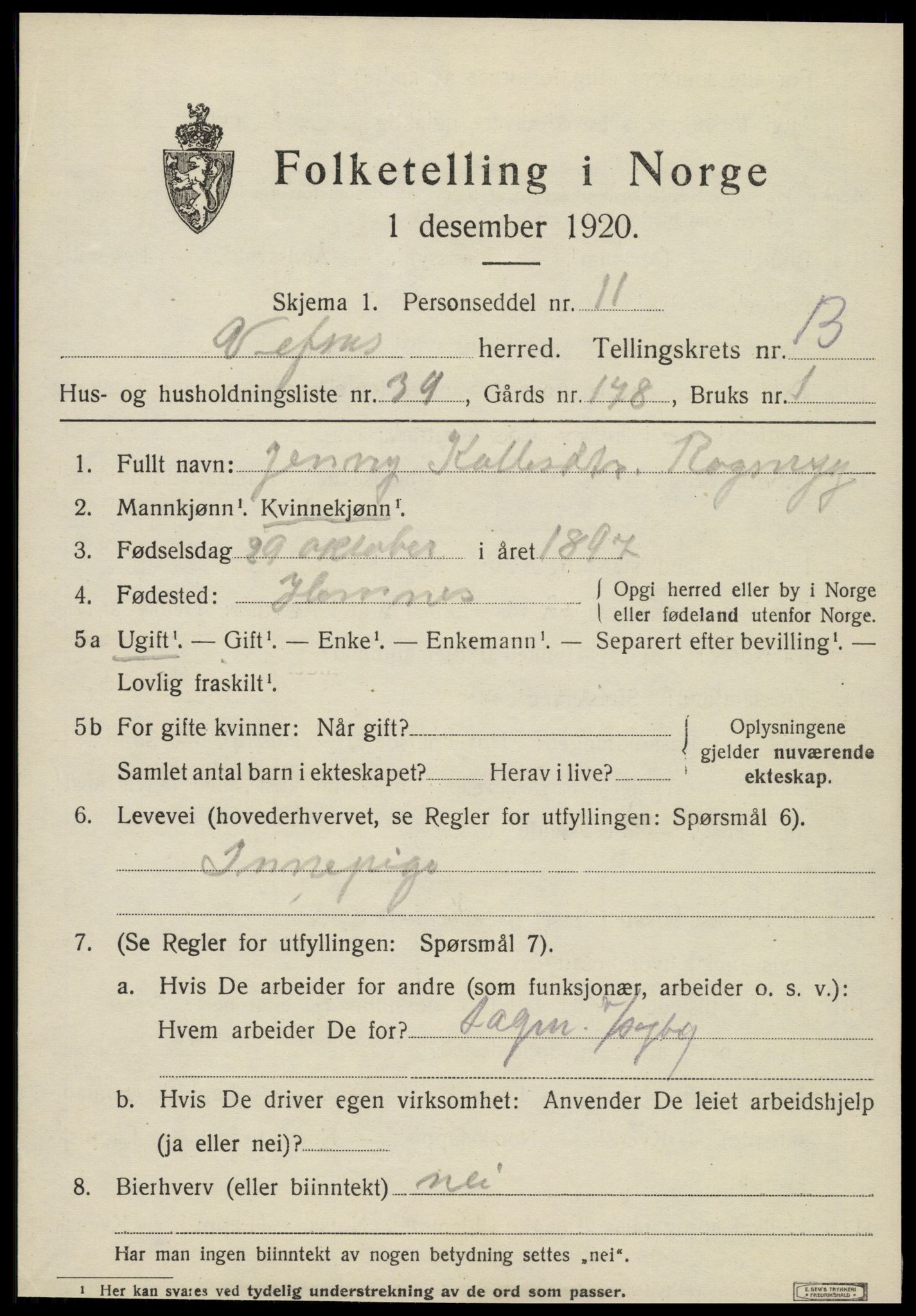 SAT, 1920 census for Vefsn, 1920, p. 10633