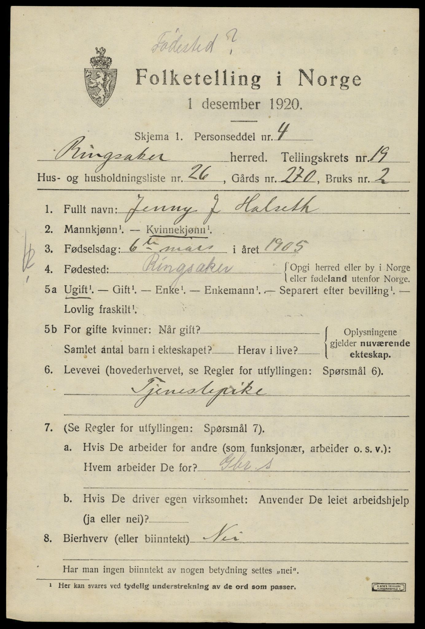 SAH, 1920 census for Ringsaker, 1920, p. 26846