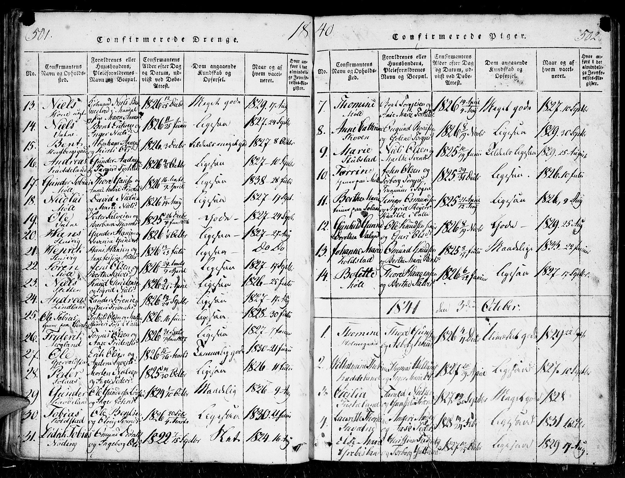 Holum sokneprestkontor, AV/SAK-1111-0022/F/Fa/Faa/L0004: Parish register (official) no. A 4, 1820-1849, p. 501-502