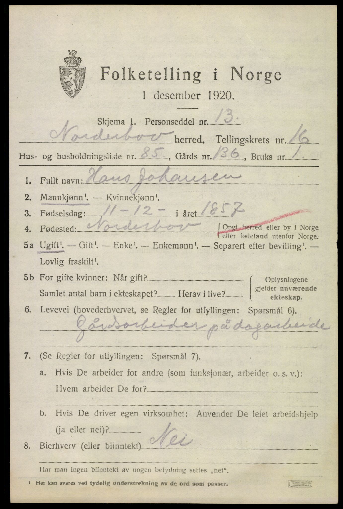 SAKO, 1920 census for Norderhov, 1920, p. 18514