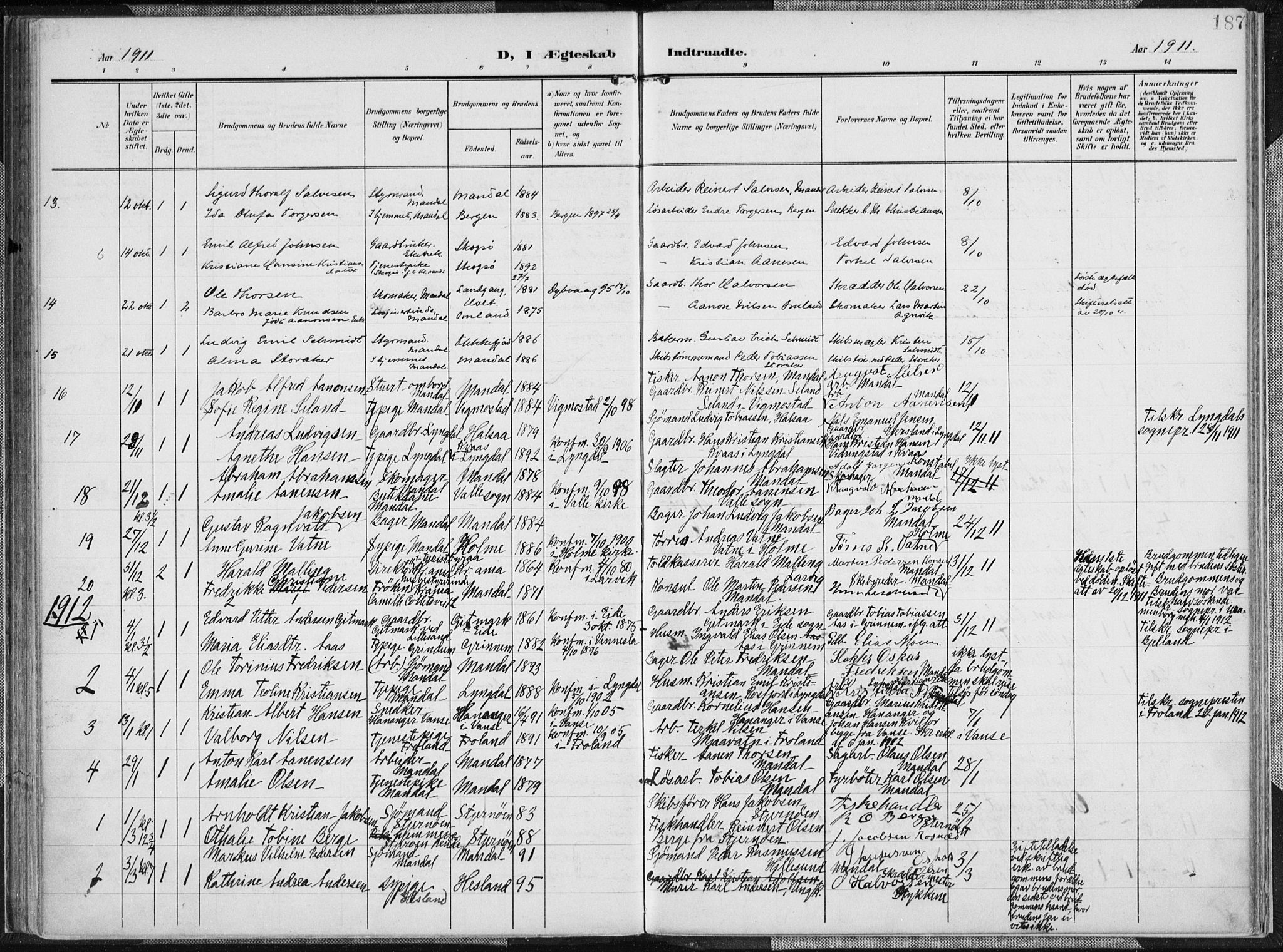 Mandal sokneprestkontor, SAK/1111-0030/F/Fa/Faa/L0020: Parish register (official) no. A 20, 1906-1912, p. 187