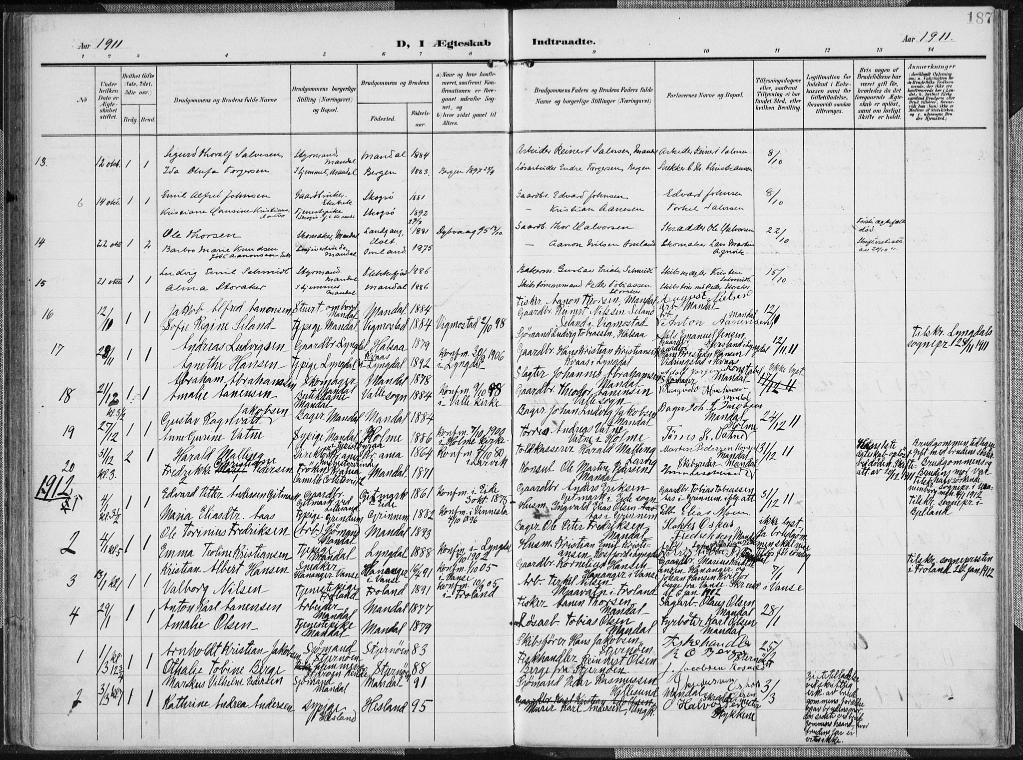 Mandal sokneprestkontor, AV/SAK-1111-0030/F/Fa/Faa/L0020: Parish register (official) no. A 20, 1906-1912, p. 187