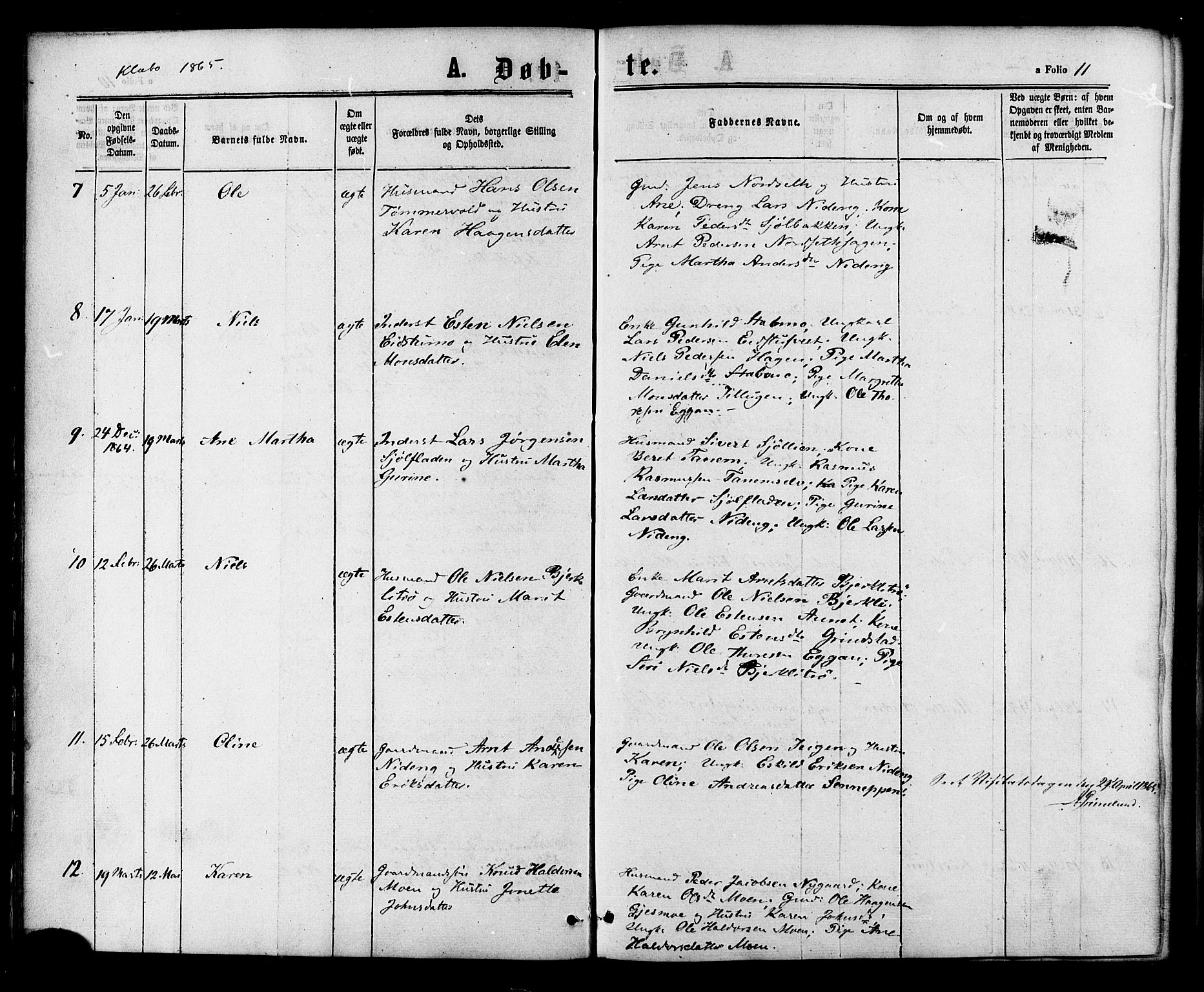 Ministerialprotokoller, klokkerbøker og fødselsregistre - Sør-Trøndelag, SAT/A-1456/618/L0442: Parish register (official) no. 618A06 /1, 1863-1879, p. 11