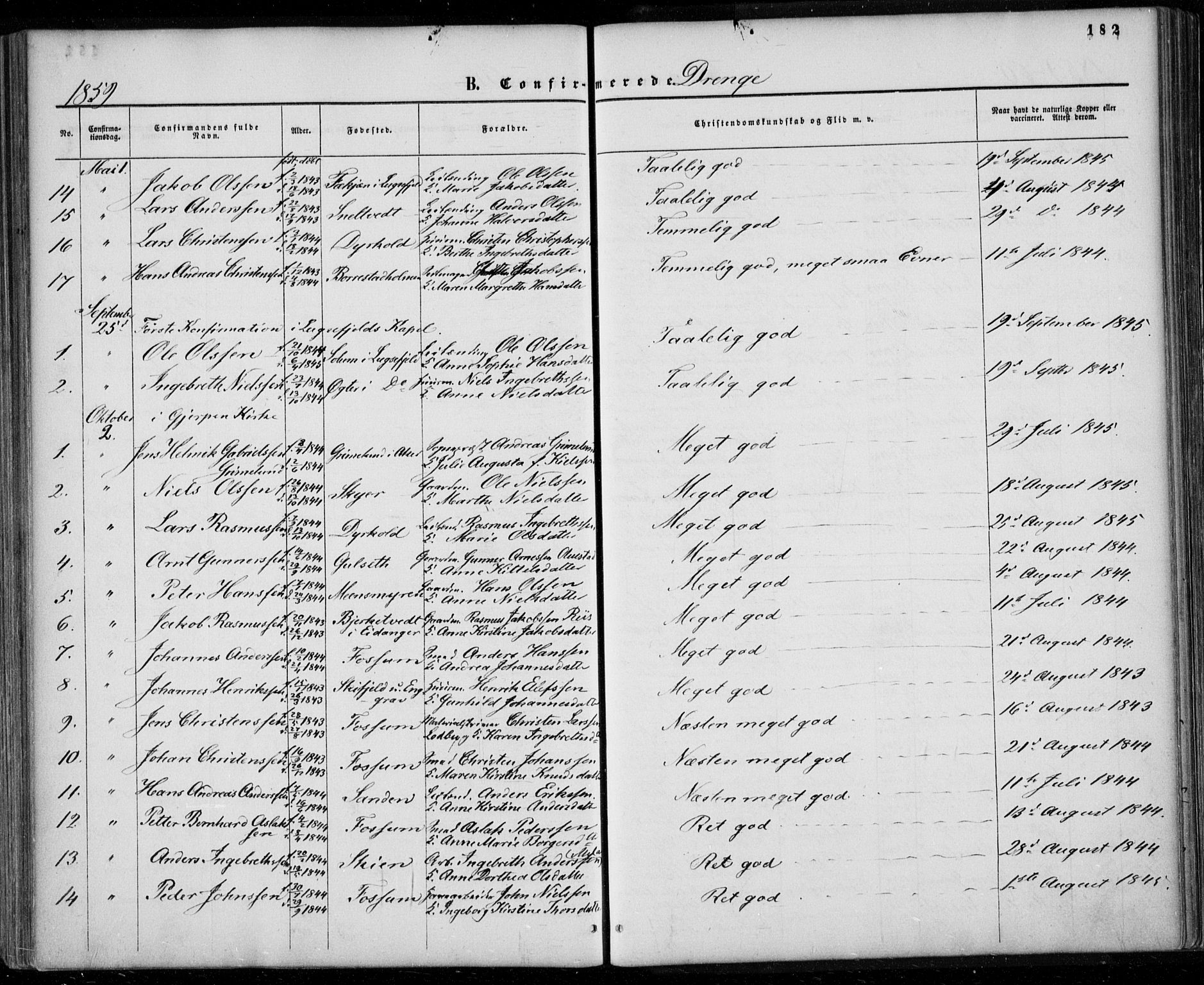 Gjerpen kirkebøker, SAKO/A-265/F/Fa/L0008a: Parish register (official) no. I 8A, 1857-1871, p. 182