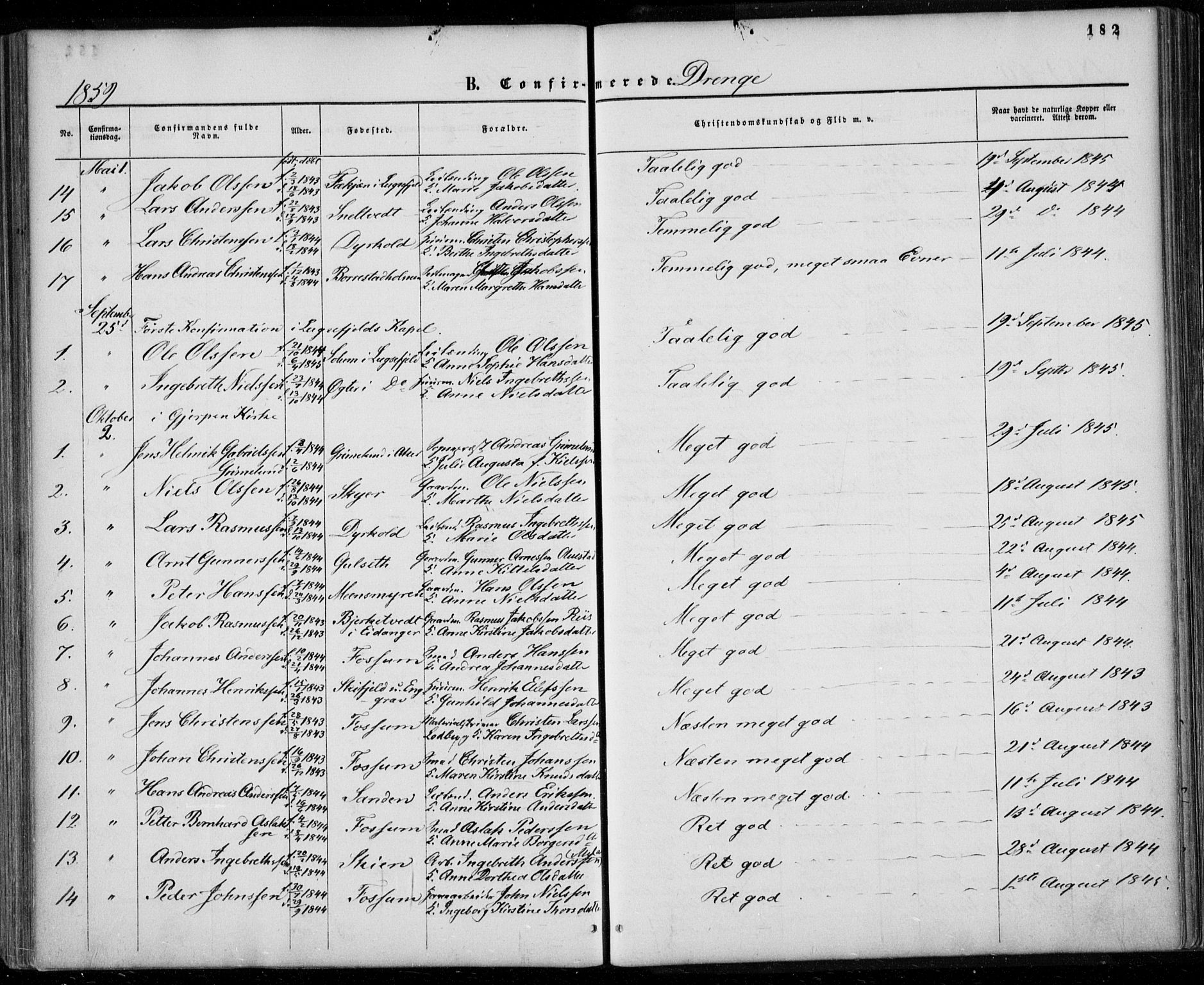 Gjerpen kirkebøker, AV/SAKO-A-265/F/Fa/L0008a: Parish register (official) no. I 8A, 1857-1871, p. 182