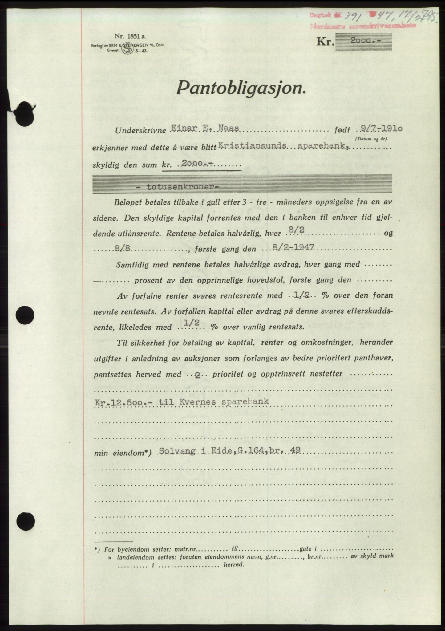 Nordmøre sorenskriveri, AV/SAT-A-4132/1/2/2Ca: Mortgage book no. B95, 1946-1947, Diary no: : 391/1947