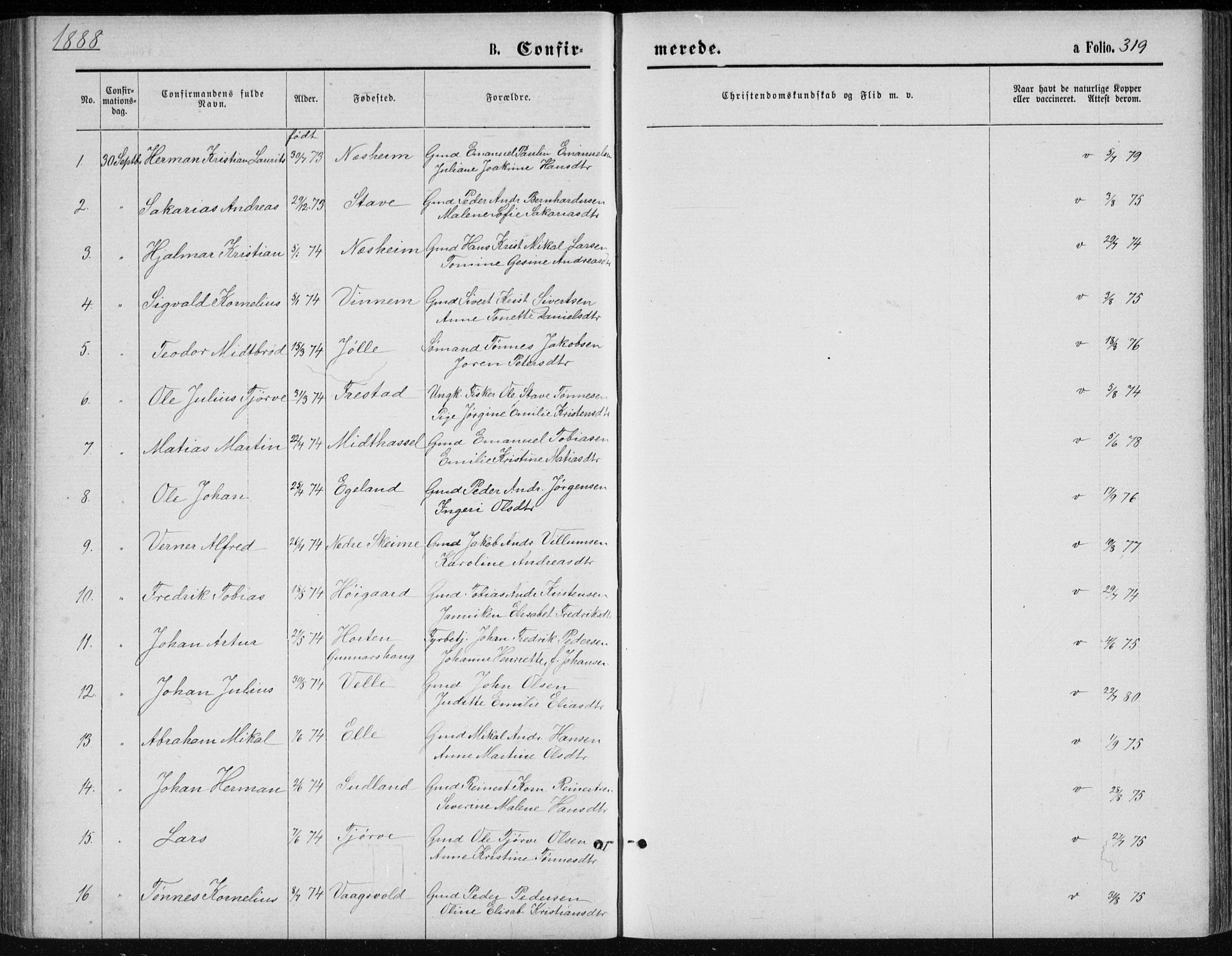 Lista sokneprestkontor, AV/SAK-1111-0027/F/Fb/L0004: Parish register (copy) no. B 4, 1877-1891, p. 319