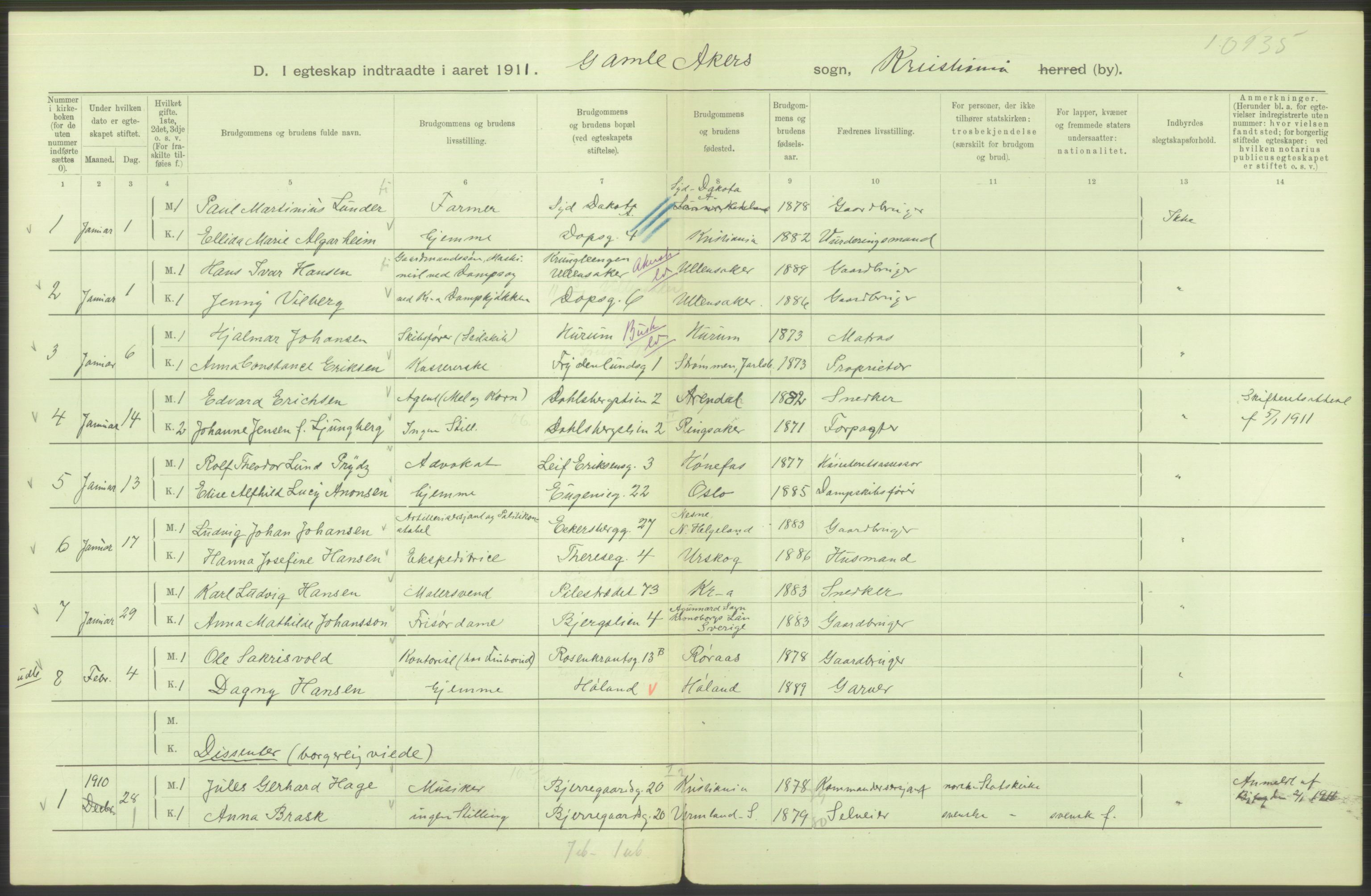 Statistisk sentralbyrå, Sosiodemografiske emner, Befolkning, RA/S-2228/D/Df/Dfb/Dfba/L0008: Kristiania: Gifte, 1911, p. 618