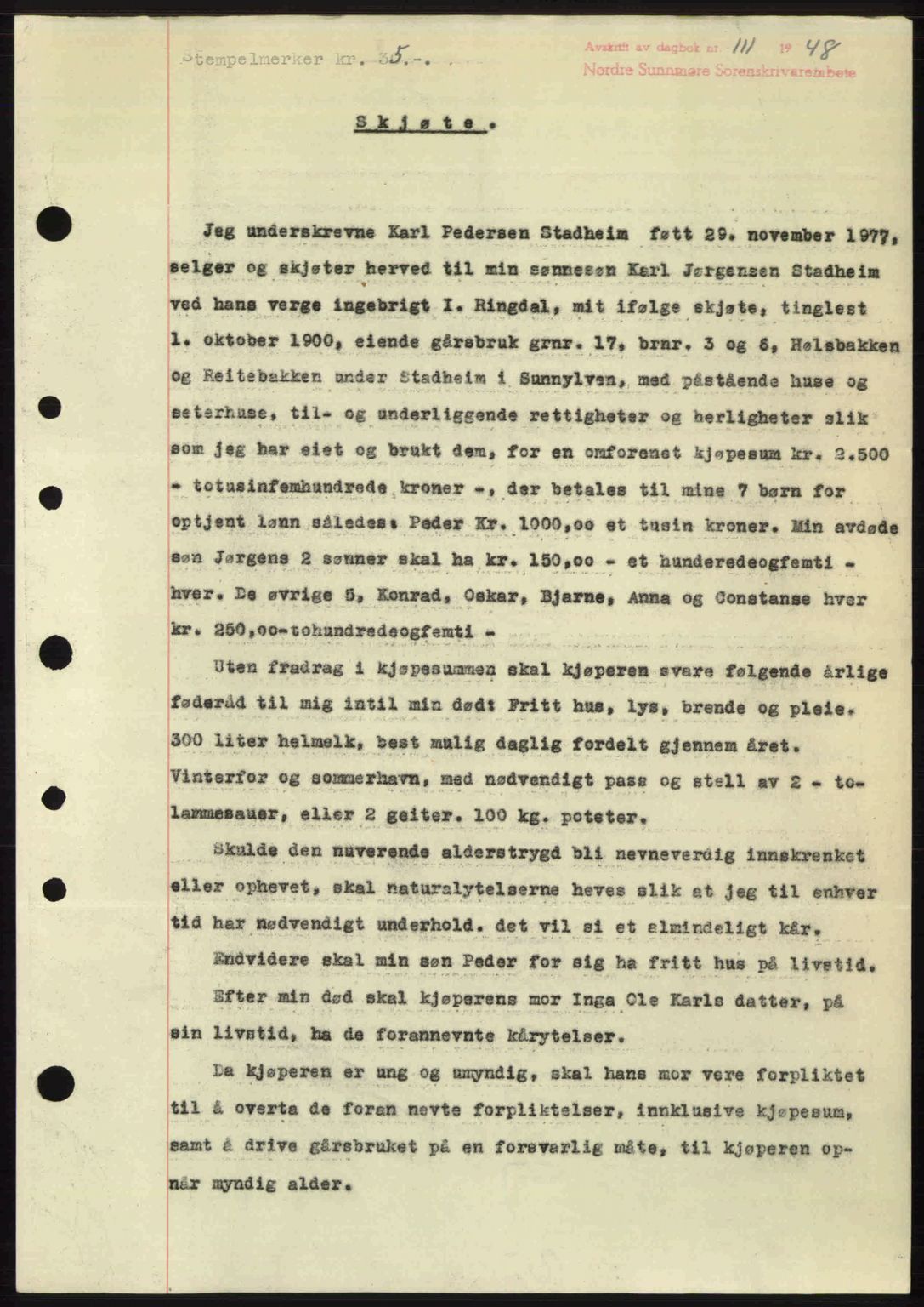 Nordre Sunnmøre sorenskriveri, AV/SAT-A-0006/1/2/2C/2Ca: Mortgage book no. A26, 1947-1948, Diary no: : 111/1948